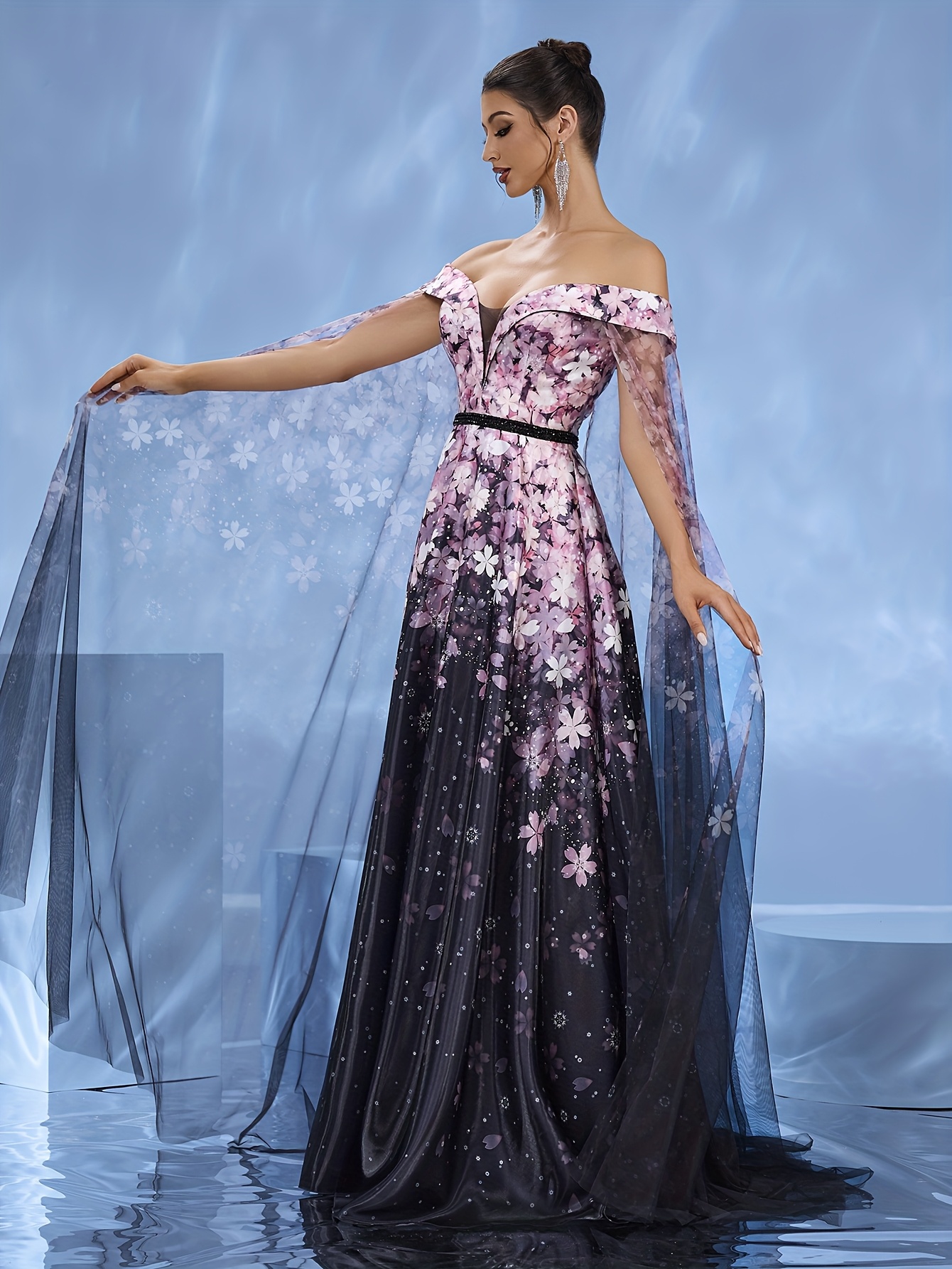 exquisite elegant satin gown gradient floral - Temu Germany