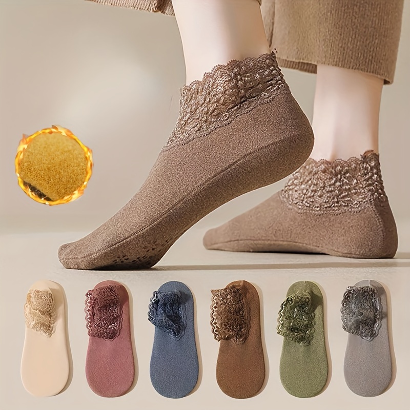 

6 Pairs Lace Trim Home Floor Socks, Non-slip Comfort Slipper Socks For Fall & Winter, Women's Stockings & Hosiery