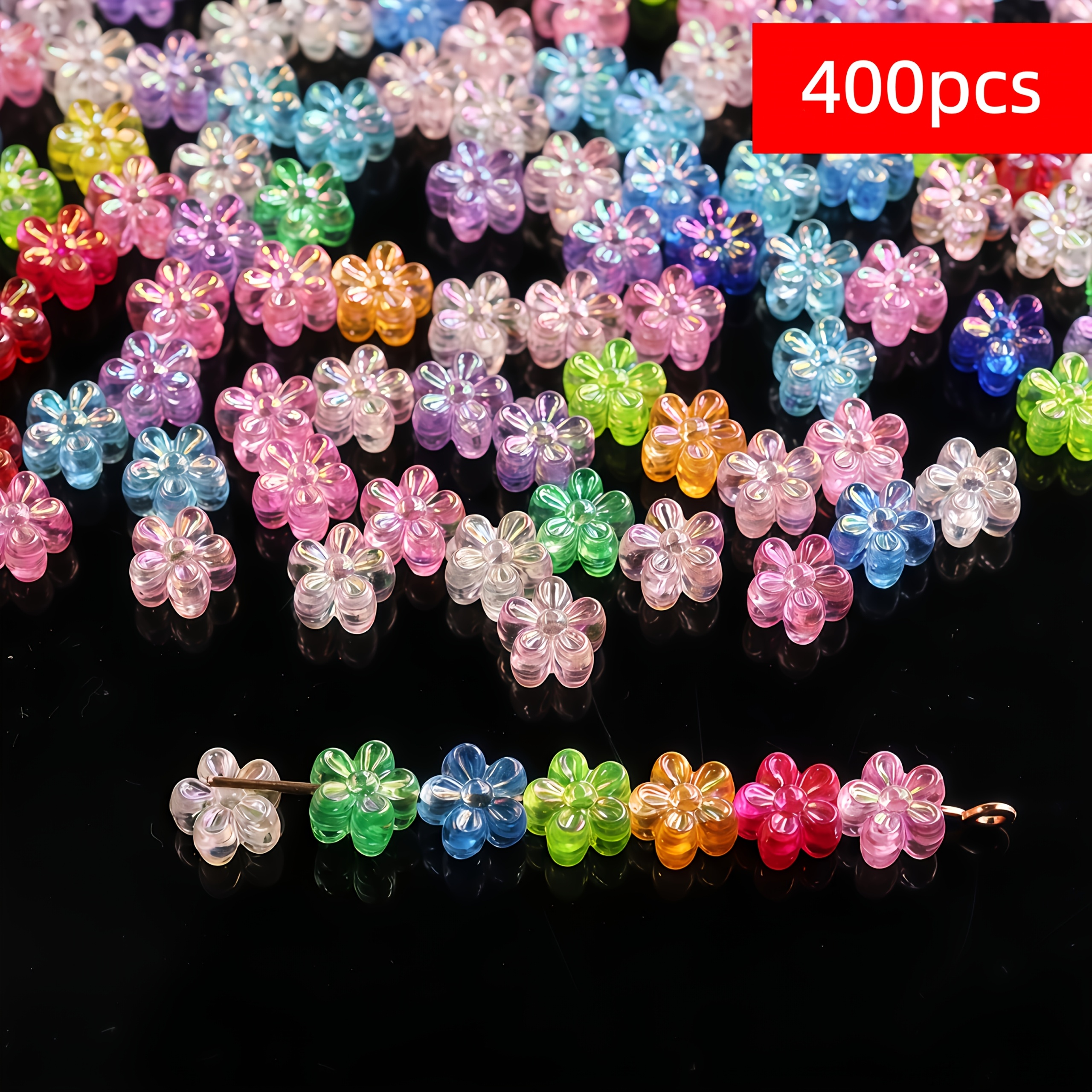 TEMU 400pcs Perles Fleurs Irisées AB Transparentes de 7mm pour la Création de Bijoux DIY - Perles d'Artisanat Multicolores Brillantes avec Revêtement