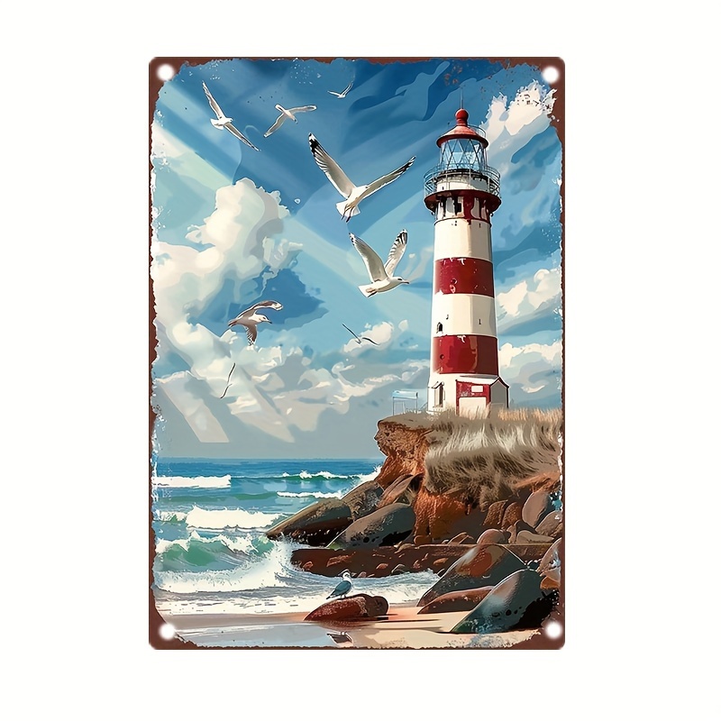 

Aluminum Vintage Lighthouse And Seagulls Metal Wall Art Sign - Rustic Home, Garden, Bar, Office Decor - Weatherproof And Waterproof - Pre-drilled, Easy To Hang - 8 Inches