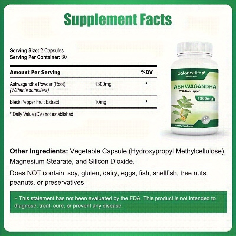 ashwagandha with black pepper 1300mg   for stress and mood sleep 60 120 capsules details 2
