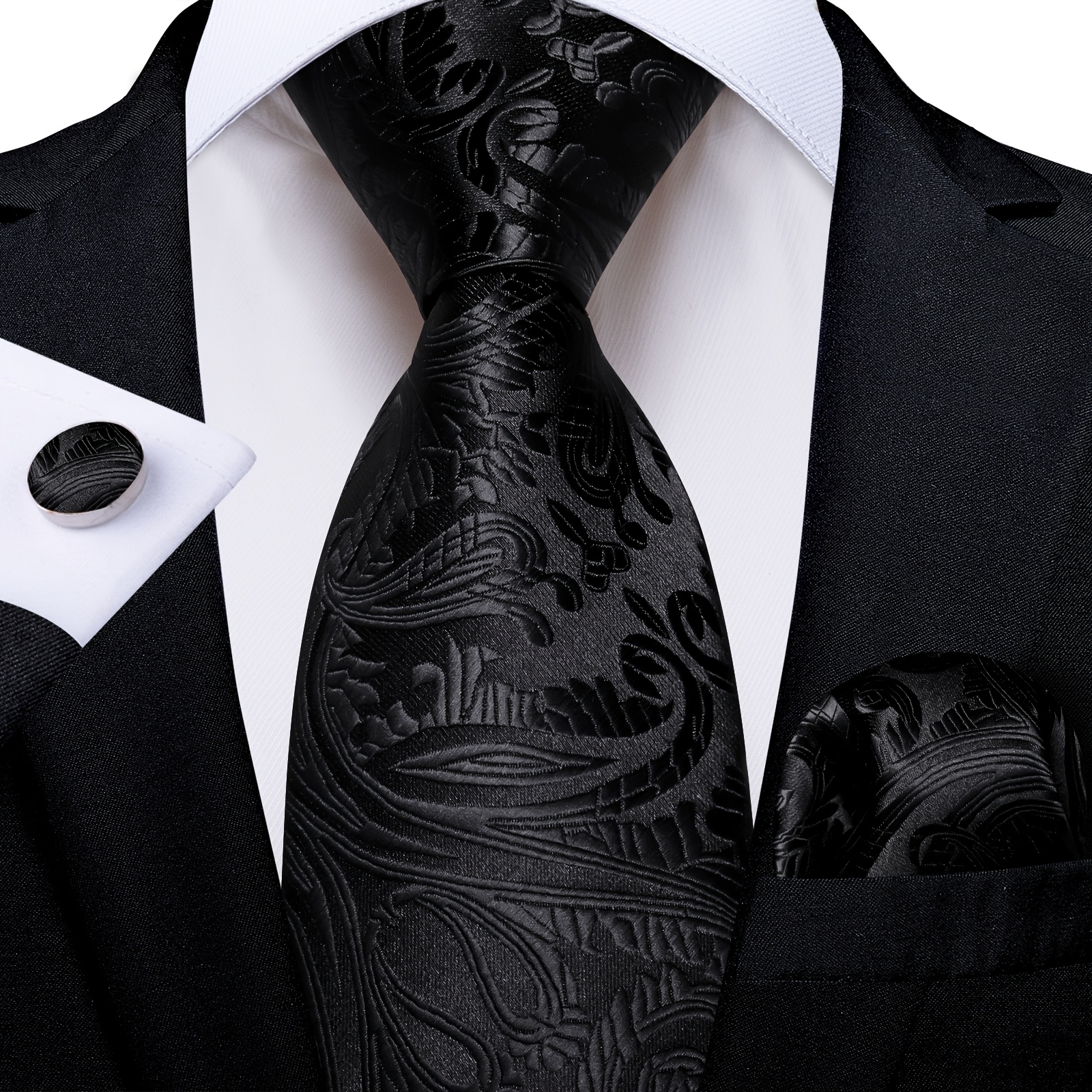 Image of Stylish Black Paisley Tie Set For Men, Featuring A Pocket Square And Cufflinks, Perfect For Nightclubs, Fashion Occasions, And As A Gift