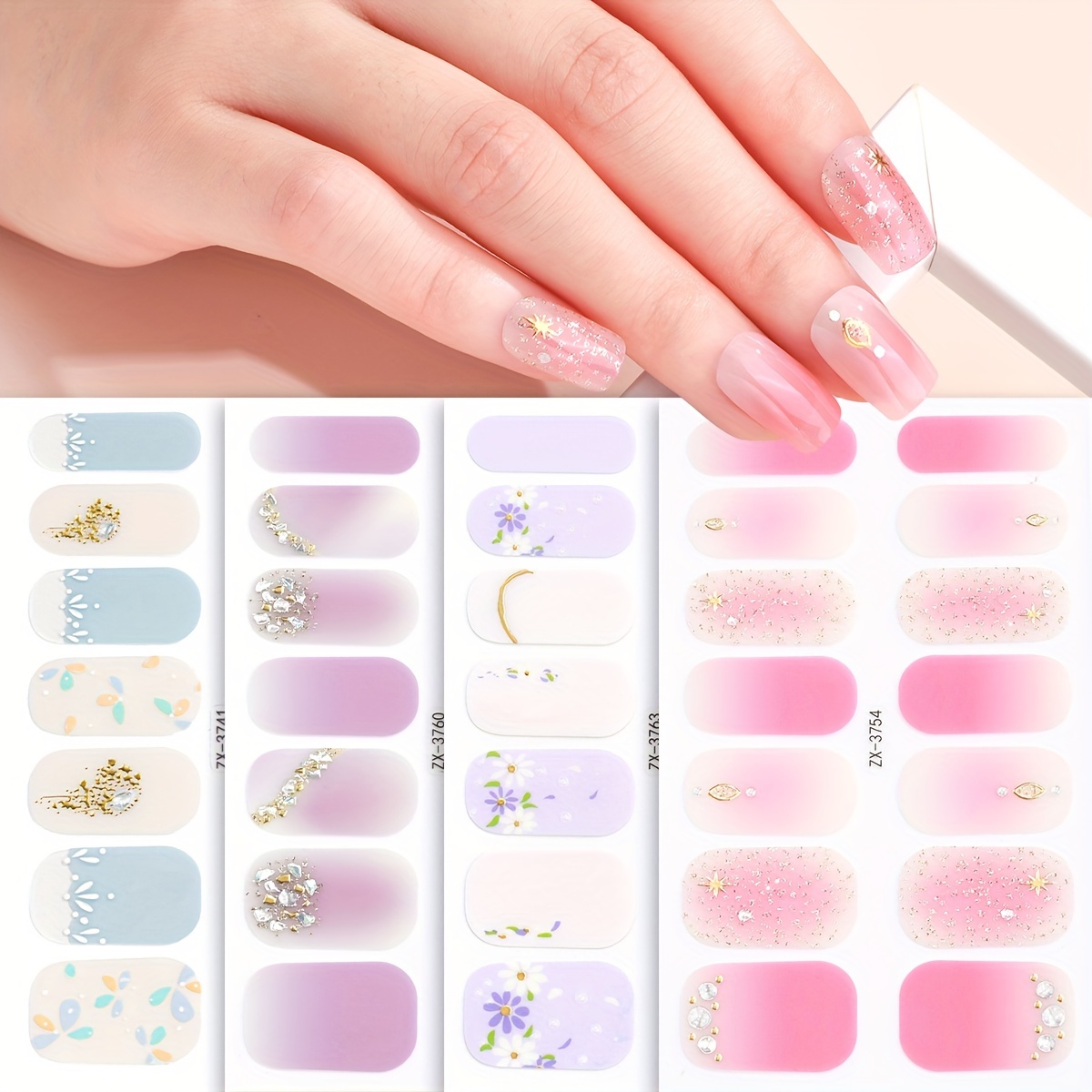 

4 Sheet Full Wrap Nail Polish Stickers, Spring Summer Flower Design Nail Strips Self-adhesive Gel Nail Strips, Nail Art Decals For Home Women Girls Nail Decorations
