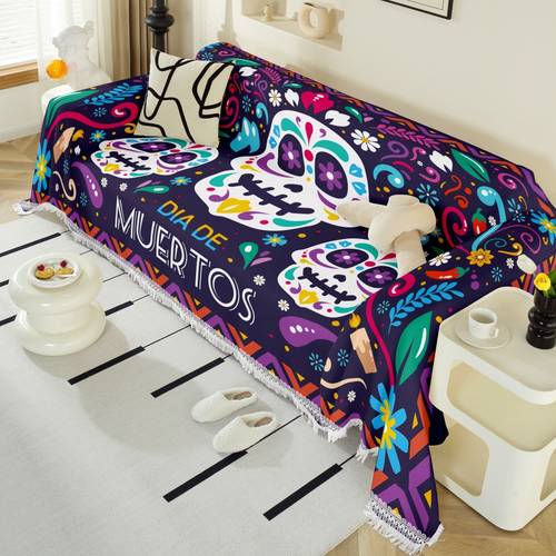 item picture 1pc themed artistic skull design sofa throw party decoration with tassels pet friendly suitable for outdoor camping home party decor for single double triple and sectional sofas gift