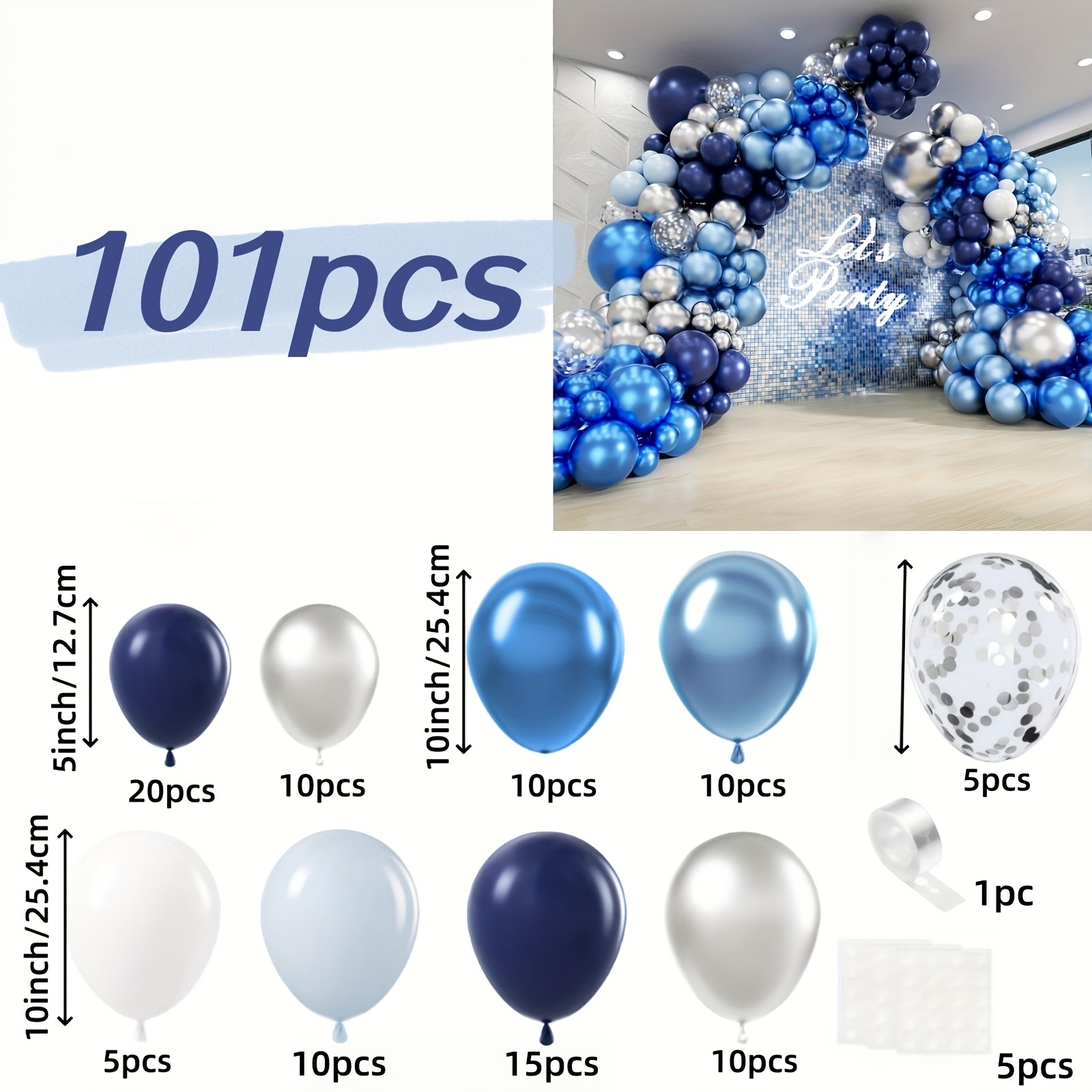 TEMU Juego de de corona de 101 globos de color azul plateado, azul , globos de látex metálicos plateados con , adecuado para de hombres, temporada de