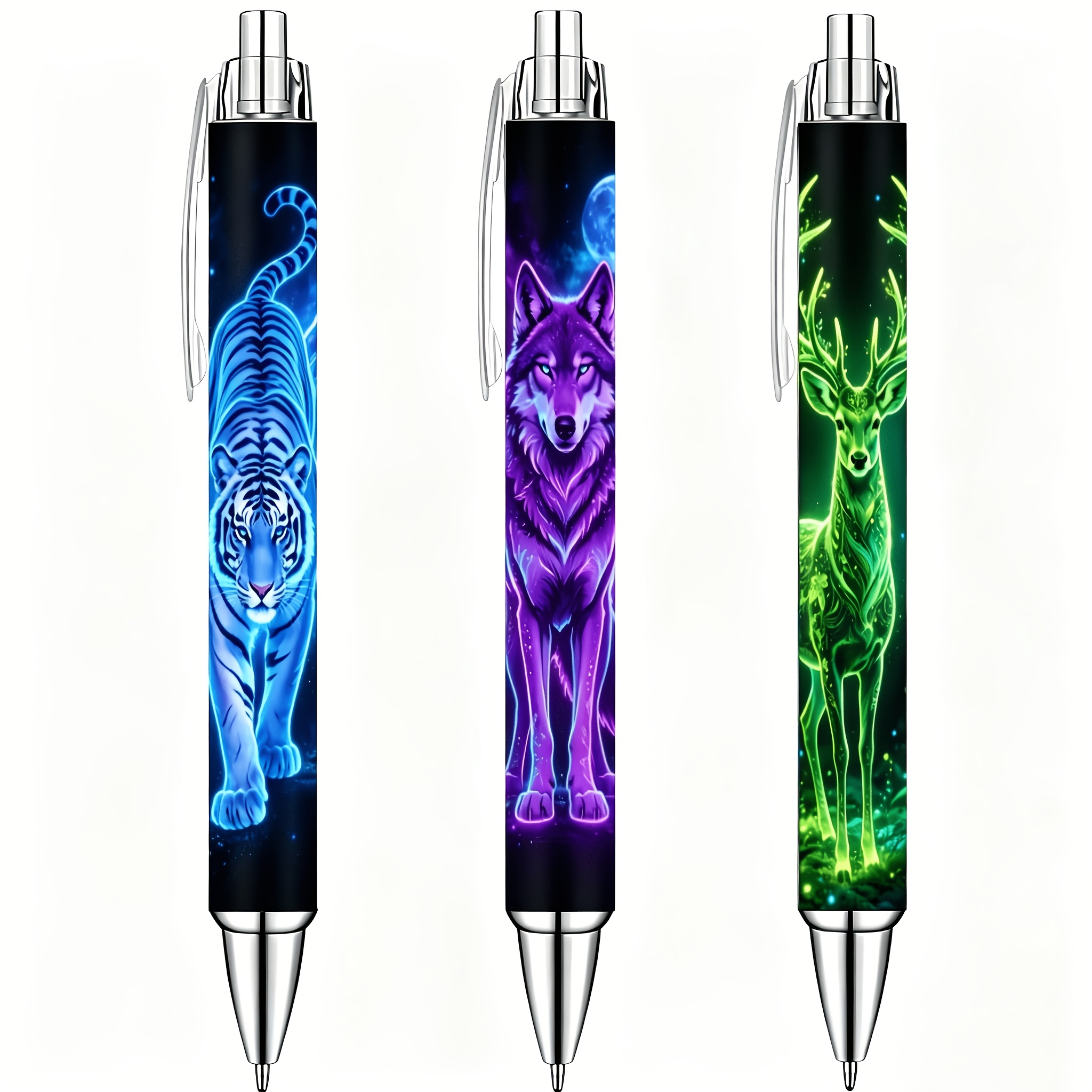TEMU Lot de 3 stylos à motif "Neon Beast", Tigre Loup Élan Design Lumineux Cool, Stylos à clip, Papeterie pour bureau, étudiant, unique, Idéal comme