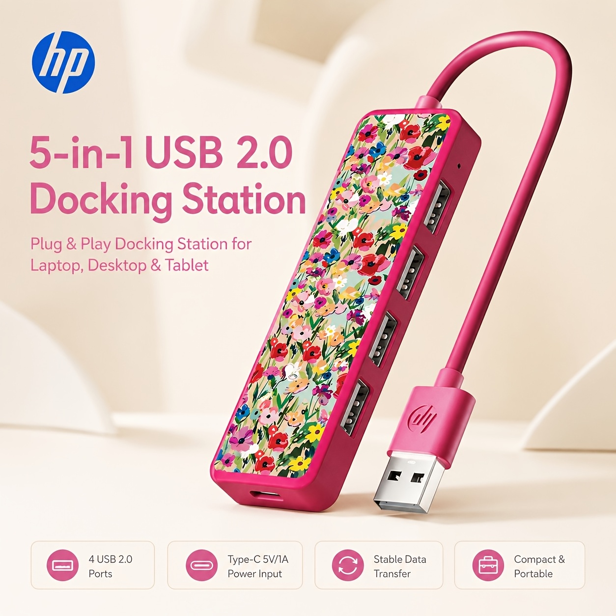 TEMU Station d'accueil USB HP avec 4 ports USB et entrée d'alimentation Type-C, répartiteur USB portable adapté pour ordinateur portable, PC,
