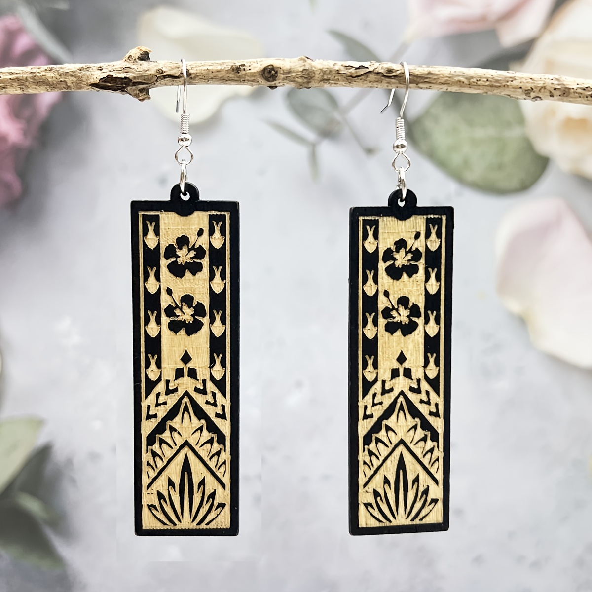 Boho Wooden Earrings Set, Vacation Style Long Carved Exaggerated Earrings