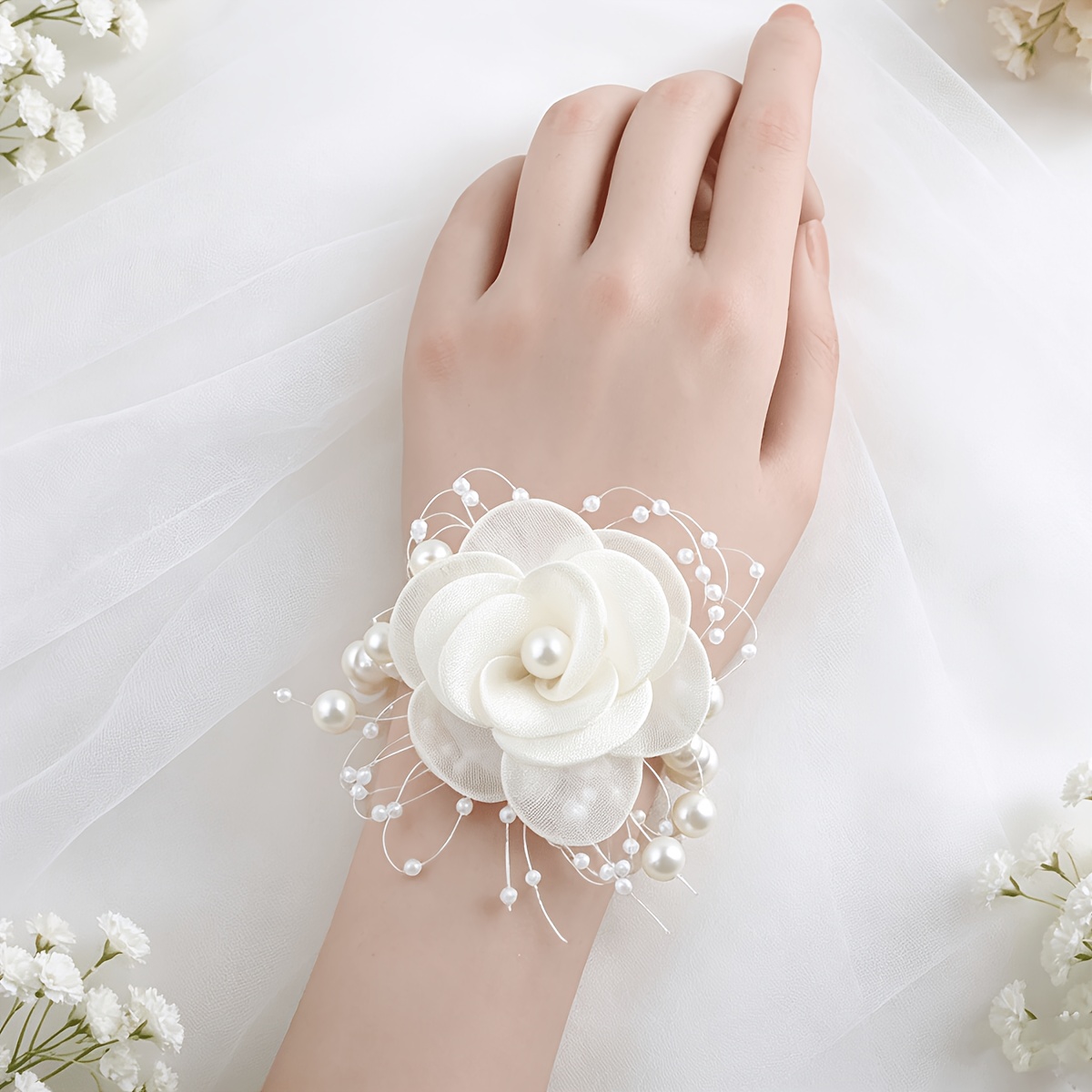 TEMU 1pc Korean Romantic Tulle Cream Camellia Wrist Flower, Pearl Bridesmaid Sibling Bracelet, Wedding Bride Hand Gift, Prom, Event, Party,