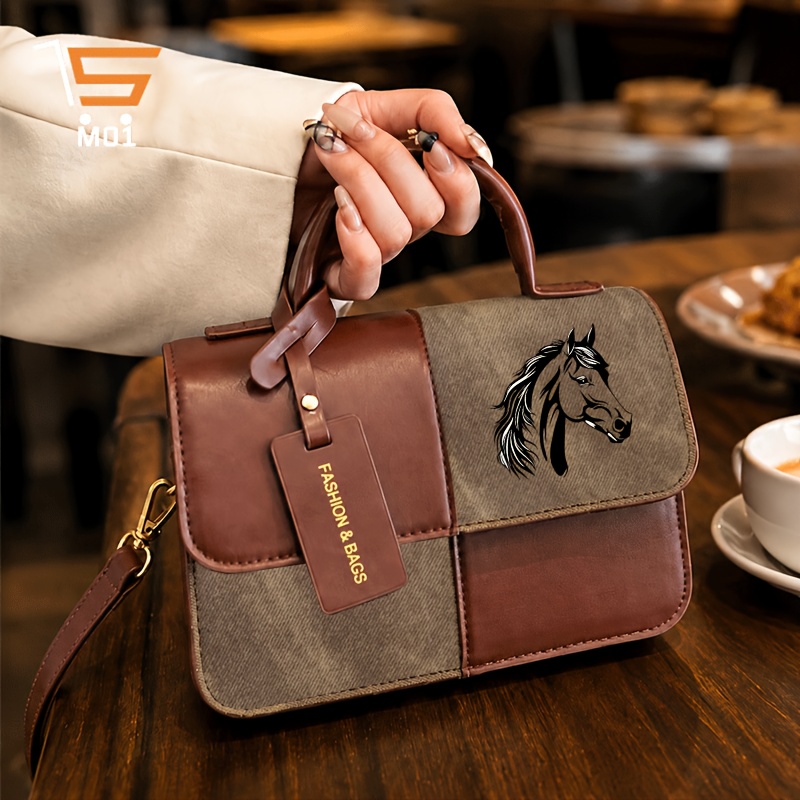 TEMU 1pc Black And White Horse Head Pattern Print Women's Handbag With Magnetic Closure Elegant Square Tote With Detachable Shoulder Strap Versatile