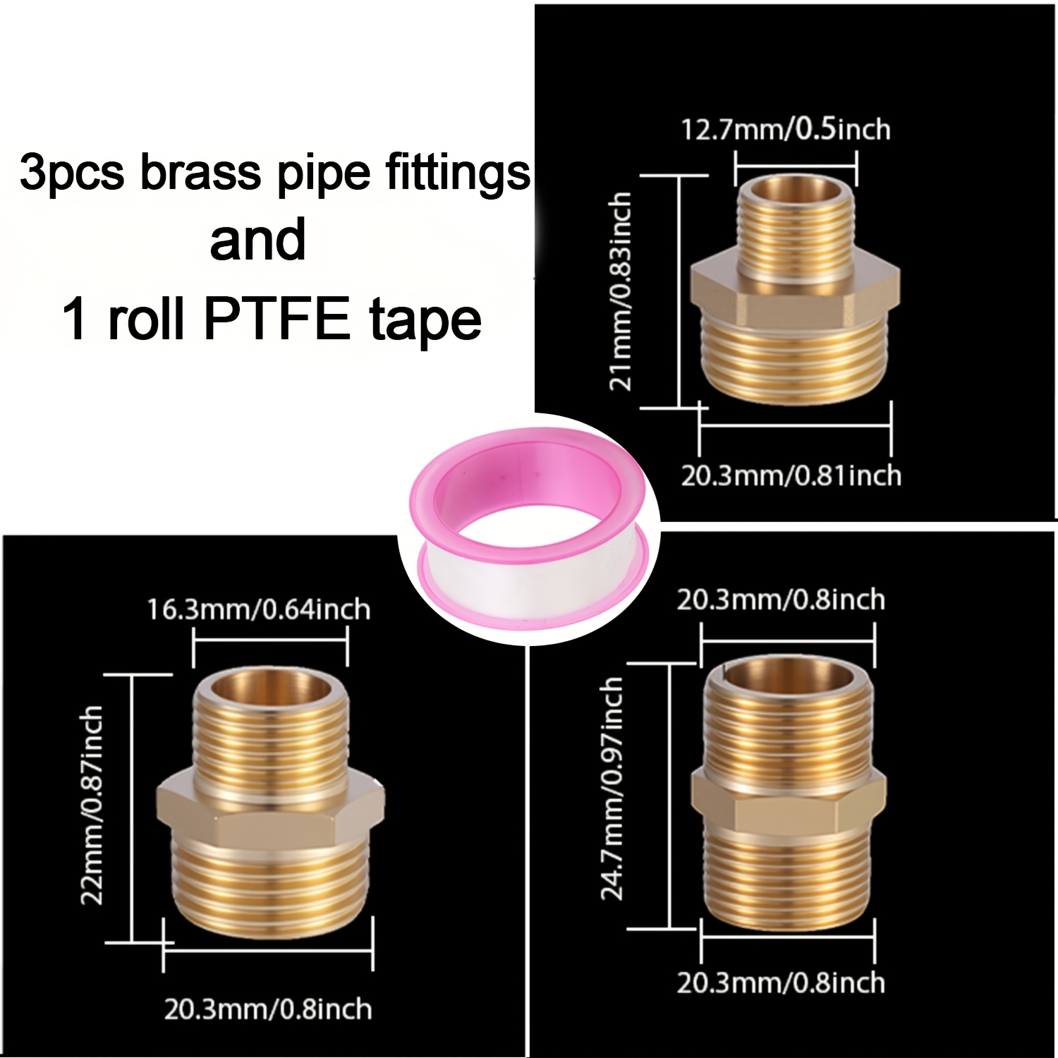 TEMU 4pcs Multifunctional Shower Hose Connectors Including 3pcs Brass Fittings And 1pc Tape, Brass Material 1/2" Male Thread To 1/2"/3/8"/1/4" Male