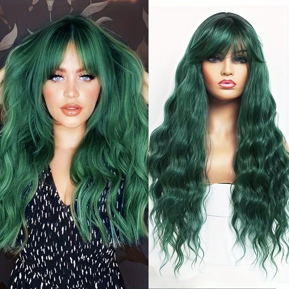 

Green Wig With Bangs Blue Color Wig Wet And Wavy Long Loose Curly Wave Synthetic Heat Resistant Fiber Black Ombre Green Hair Wig For Women 24 Inch