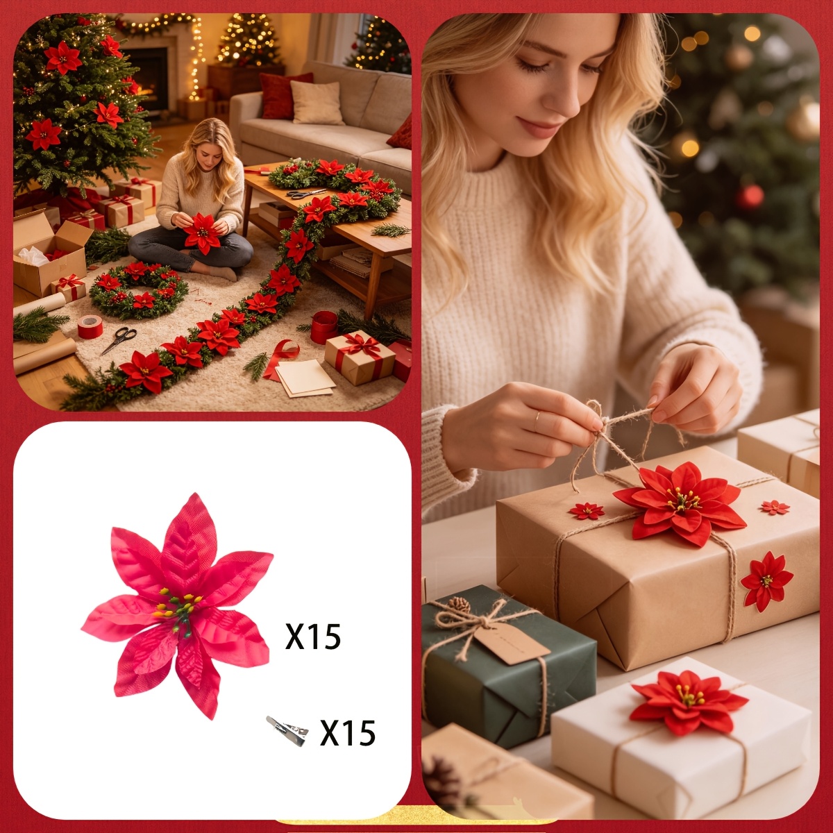 TEMU 30pcs Realistic Red Artificial Flowers With Fixing Clips, Suitable For Diy Wreaths/floral Arrangements, Christmas Tree Decorations, Indoor And