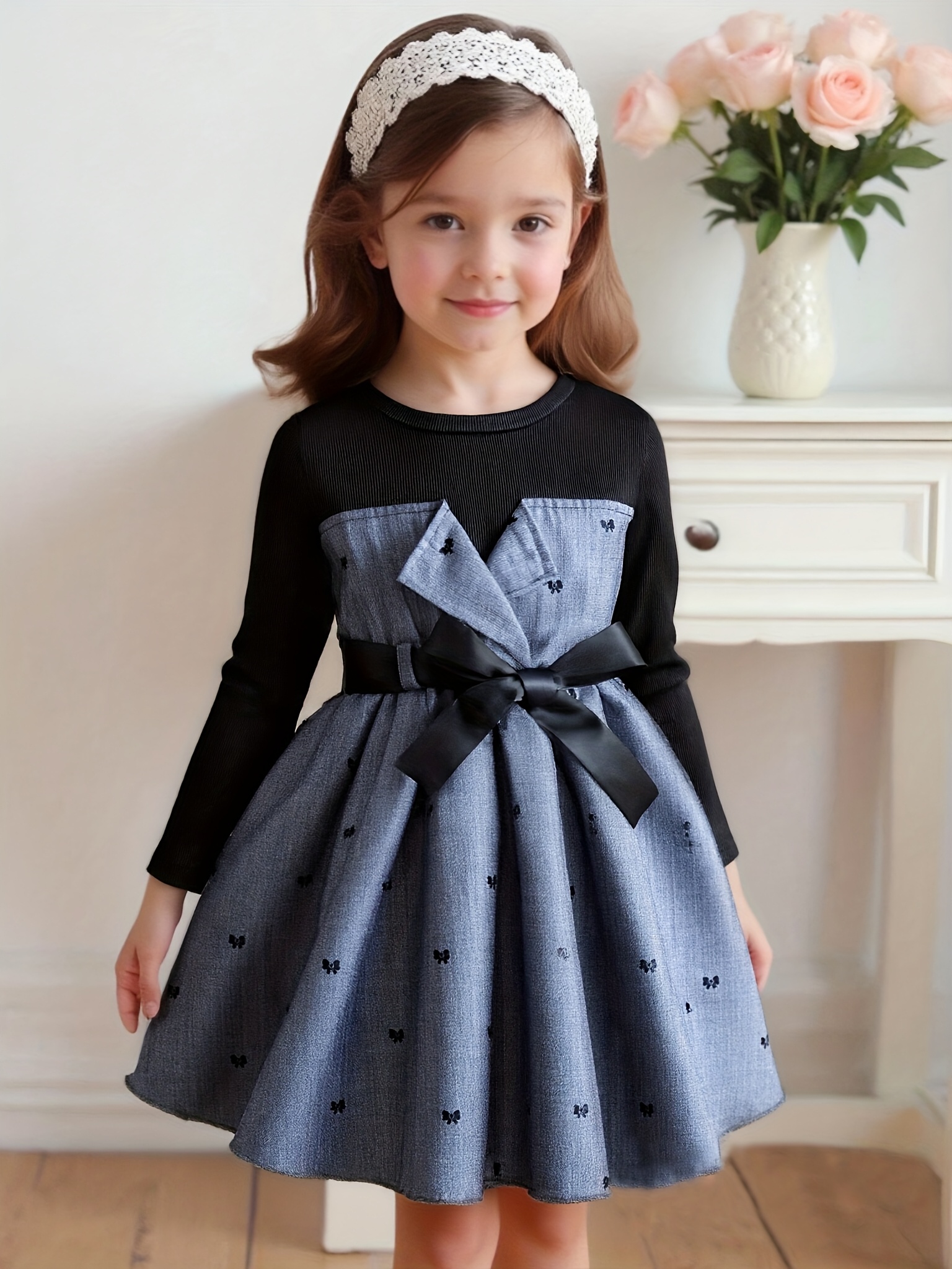 girls elegant long sleeve a line dress with bow heart print dark grey black white puff sleeve bow back   formal casual attire machine washable party wedding outfit   two piece design with contrast trim round neck a line silhouette for young girls casual to formal occasions Product details 4