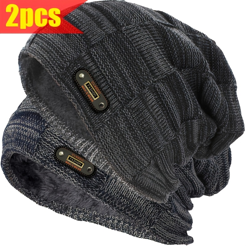 TEMU 2pcs 's Autumn/winter Mixed Color Knitted Hat, With Thick Velvet Warm And Windproof Pullover Hat, Outdoor Casual Warm And , Lined With Plush,
