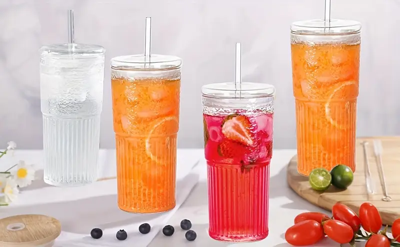 2pcs 20oz glass tumbler set with lids and glass straws reusable iced coffee cups juice and milk bottles perfect family gift Product details 2