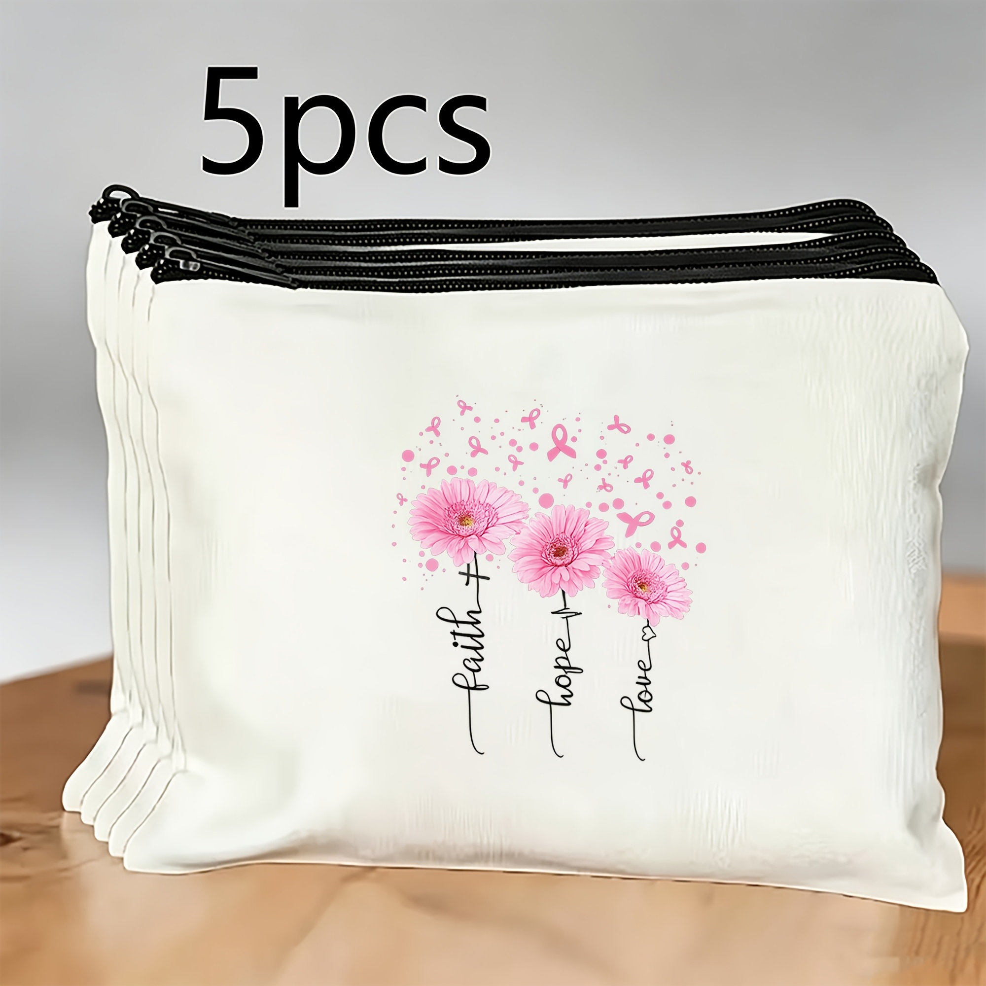TEMU Lot de 5 trousses de maquillage avec imprimé ruban Foi et rose, organisateur de cosmétiques léger, pochette à fermeture éclair avec motif de