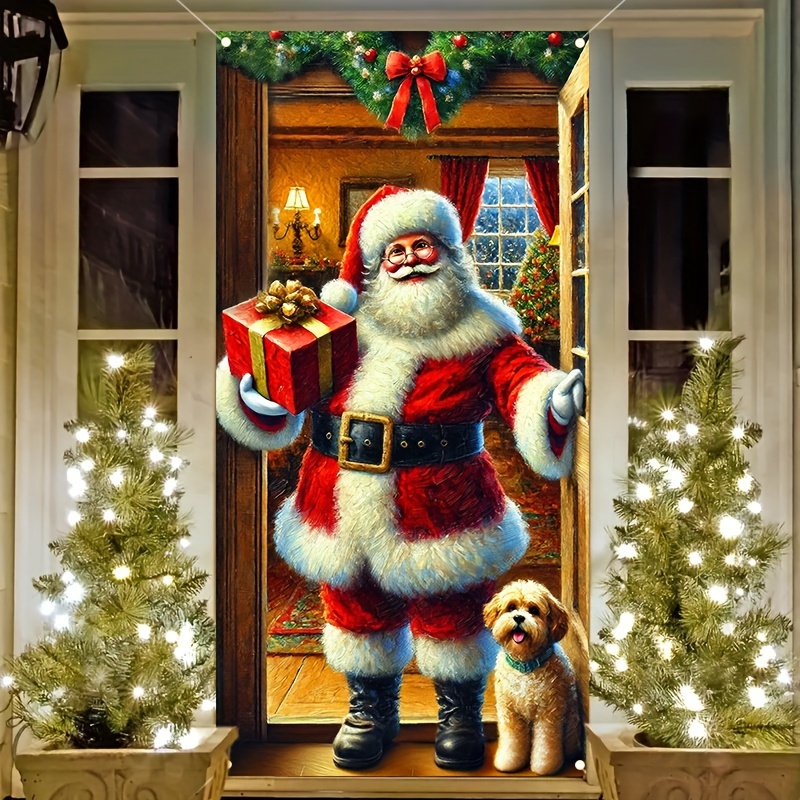 TEMU Charming Santa & Puppy Welcome Door Banner - Double-sided, Waterproof Outdoor Christmas Decor For