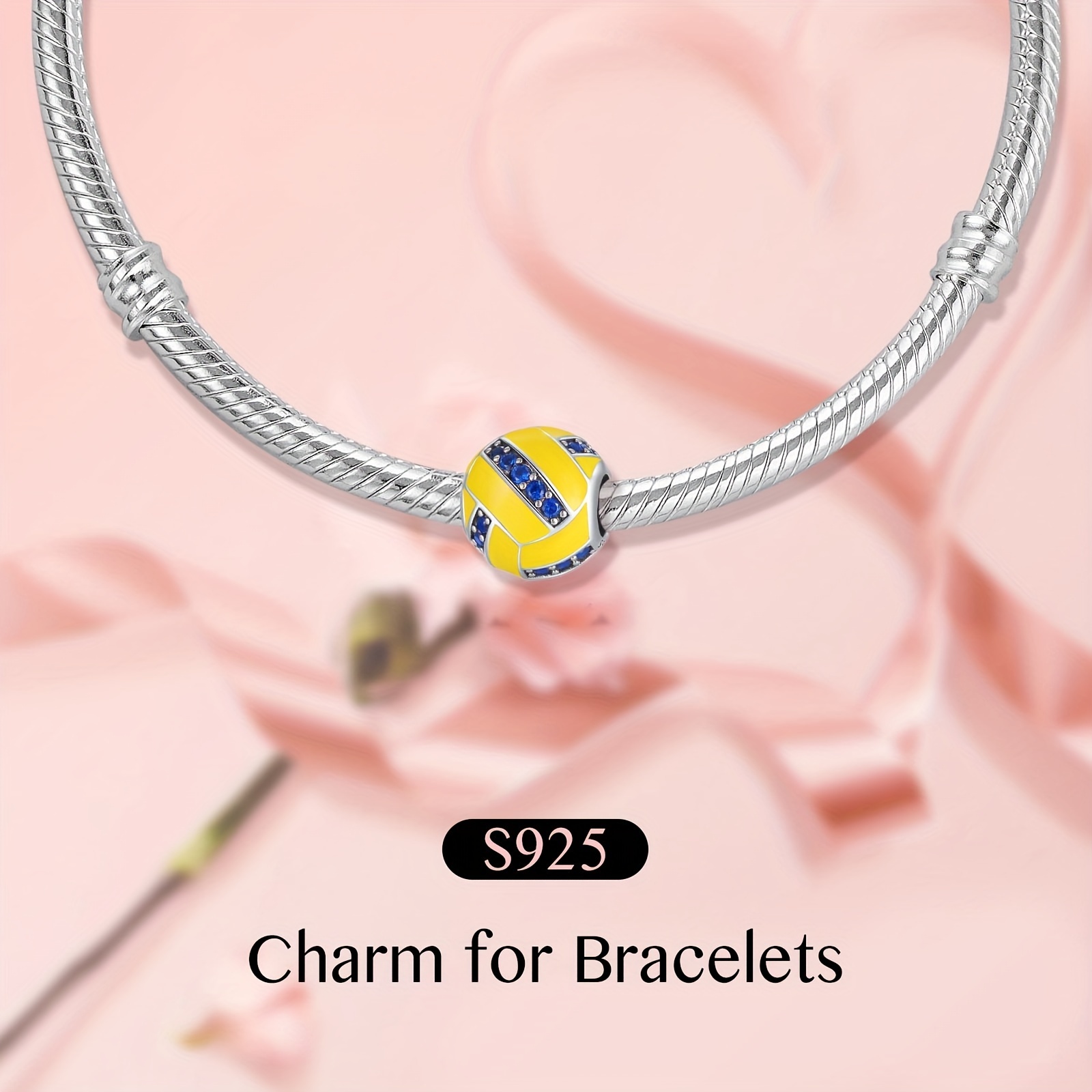 S925 Sterling Silver Volleyball Enamel Charm Pendant