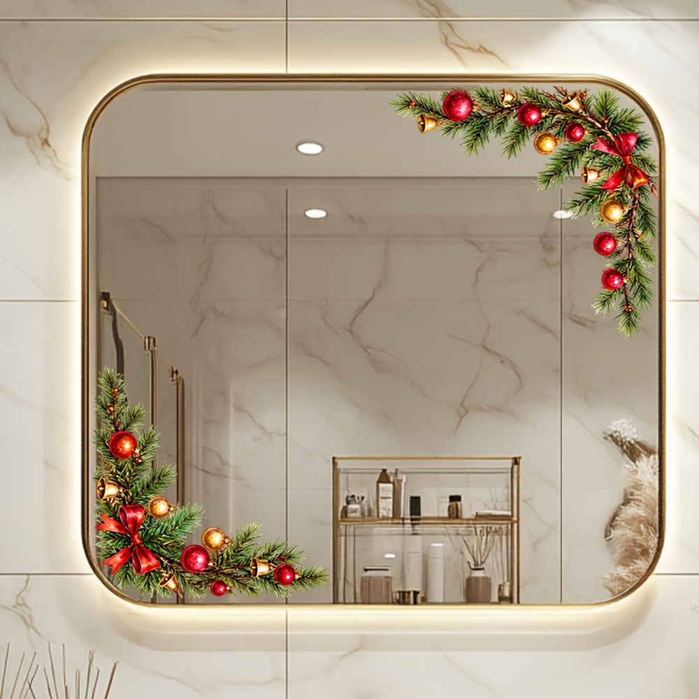 TEMU 1pc Watercolor Christmas Pine Branch Diagonal Frame Decorative Glass Sticker, Red Golden Christmas Ball Bell Bow Bathroom Glass Decorative