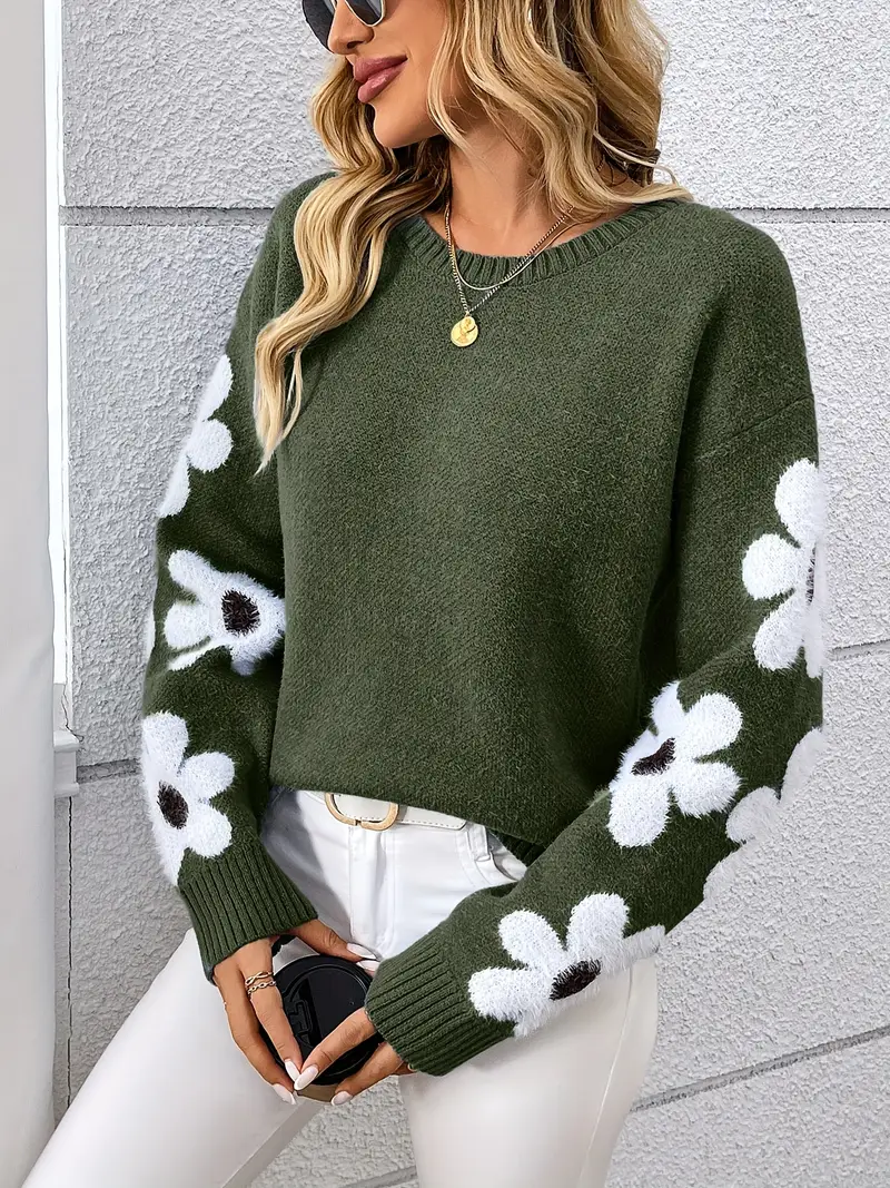floral patterned crew neck knit sweater elegant and chic polyester blend knit fabric 359 g m Product details 5