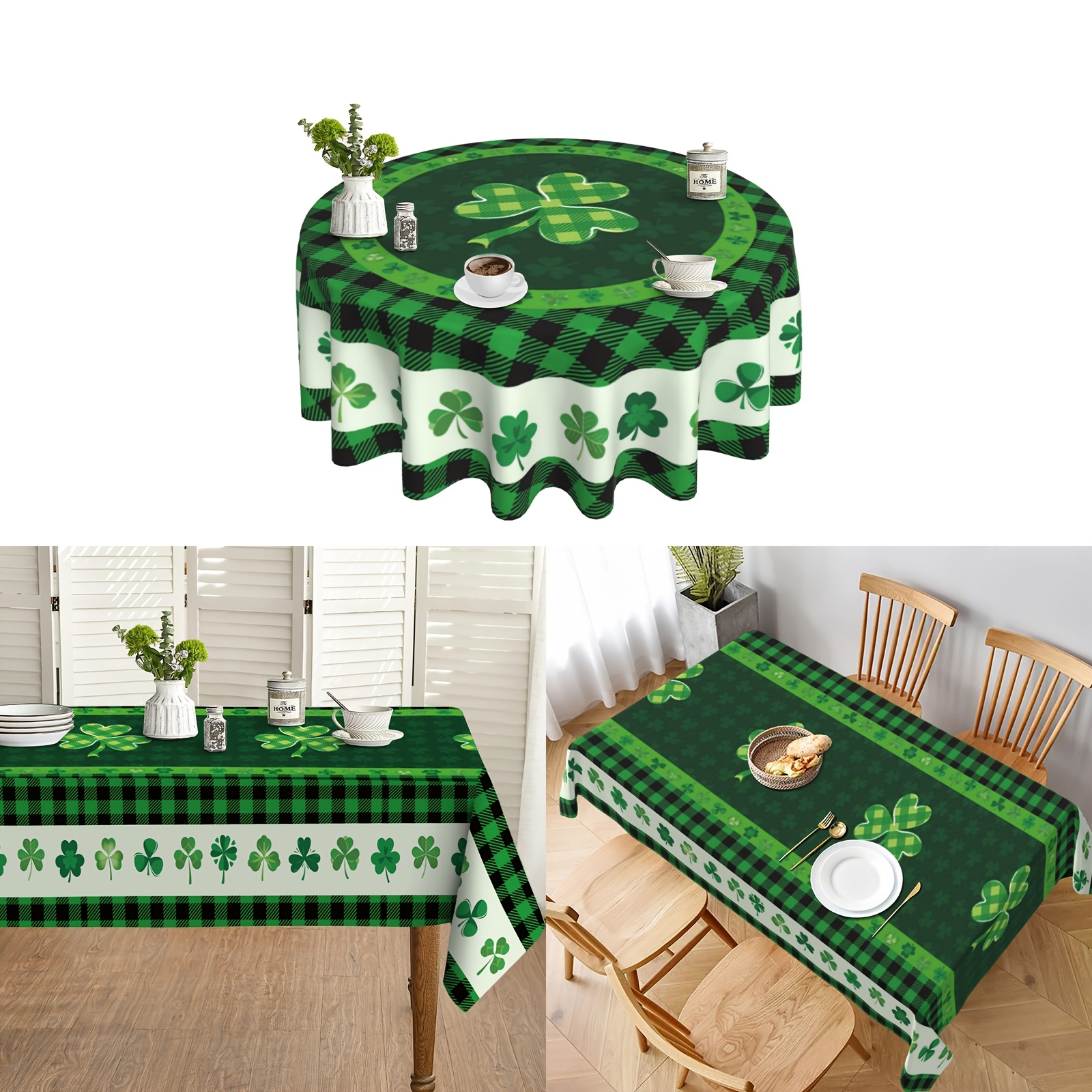 

1pc 's Day Polyester Tablecloth - Buffalo Check Clover Pattern, Shamrock Design, Round Table Cover For Party, Picnic, And Dinner Decor, Picnic Table Cover | ' | Table Cover, Outdoor Table Cloth