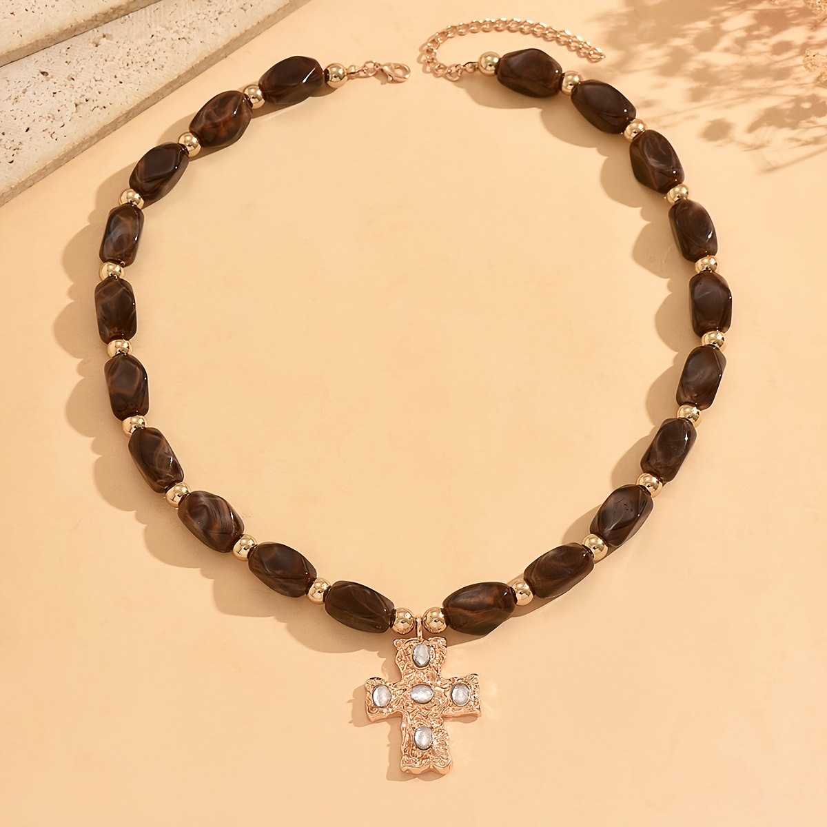 Vintage Casual Necklace with Irregular Brown Beads and Cross Pendant