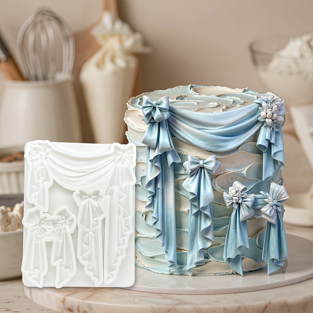 TEMU Moule en silicone pour rideaux rétro, nœud et pompon, moule de décoration pour gâteaux en fondant