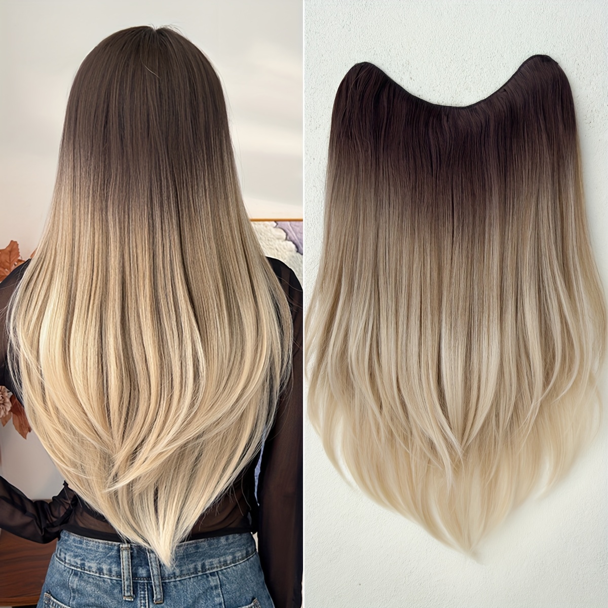 clip in hair extensions v shaped omber 22 inch long straight hair heat resistant fiber synthetic hairpiece for women girls   use