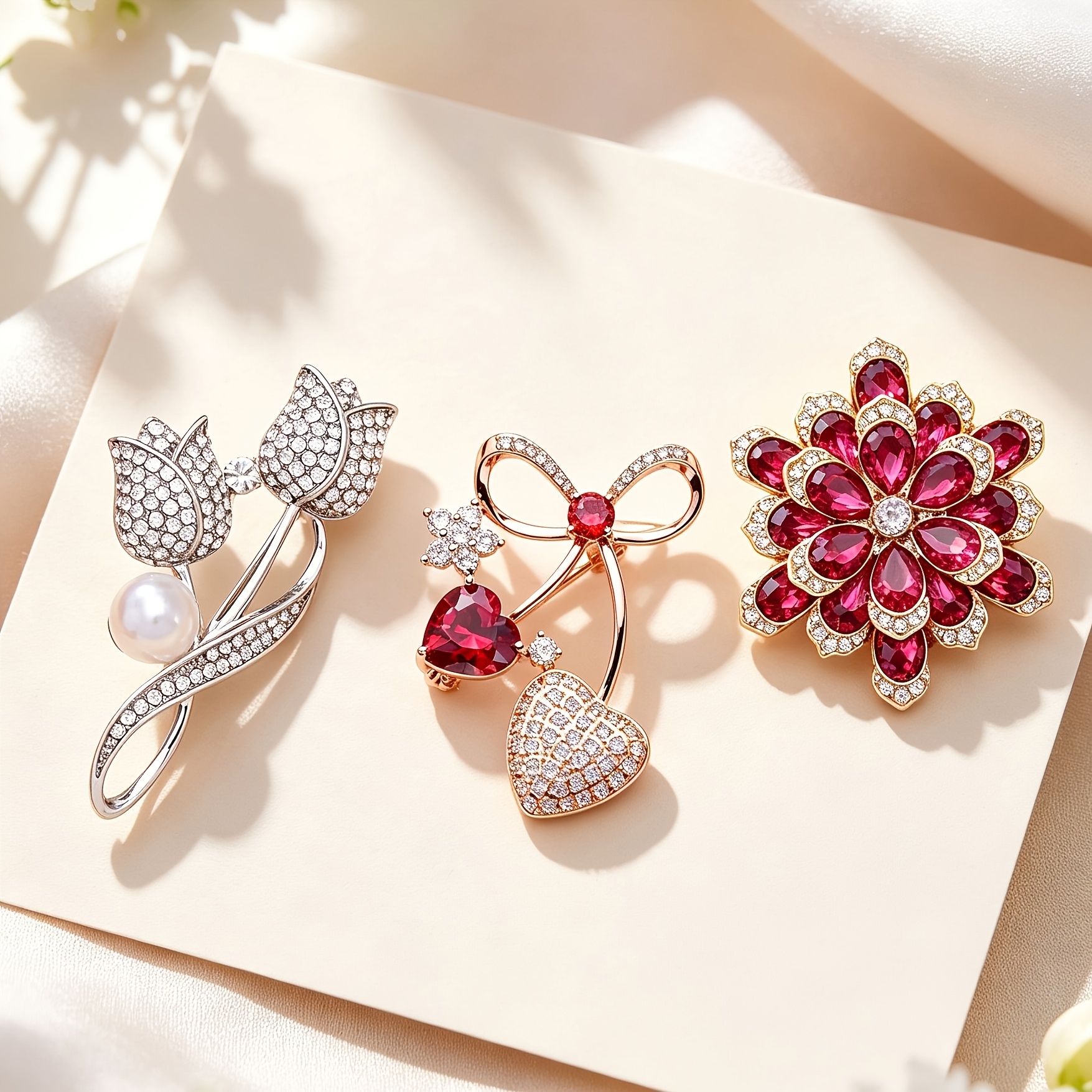 TEMU 3pcs Elegant Women Brooch Set, Including Tulip Brooch, Bow Heart Brooch And Flower Brooch, Additions For Suit, Coat, Dress, Cardigan, Jacket,