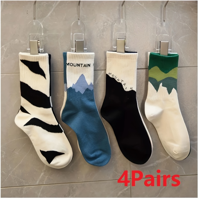 Image of 4 Pairs Unisex Mid-tube Socks With Asymmetrical Geometric Patterns - - Outdoor Sports & Casual Wear, Athletic Couple Socks Suitable For ,,, Gym - 4-pair Pack