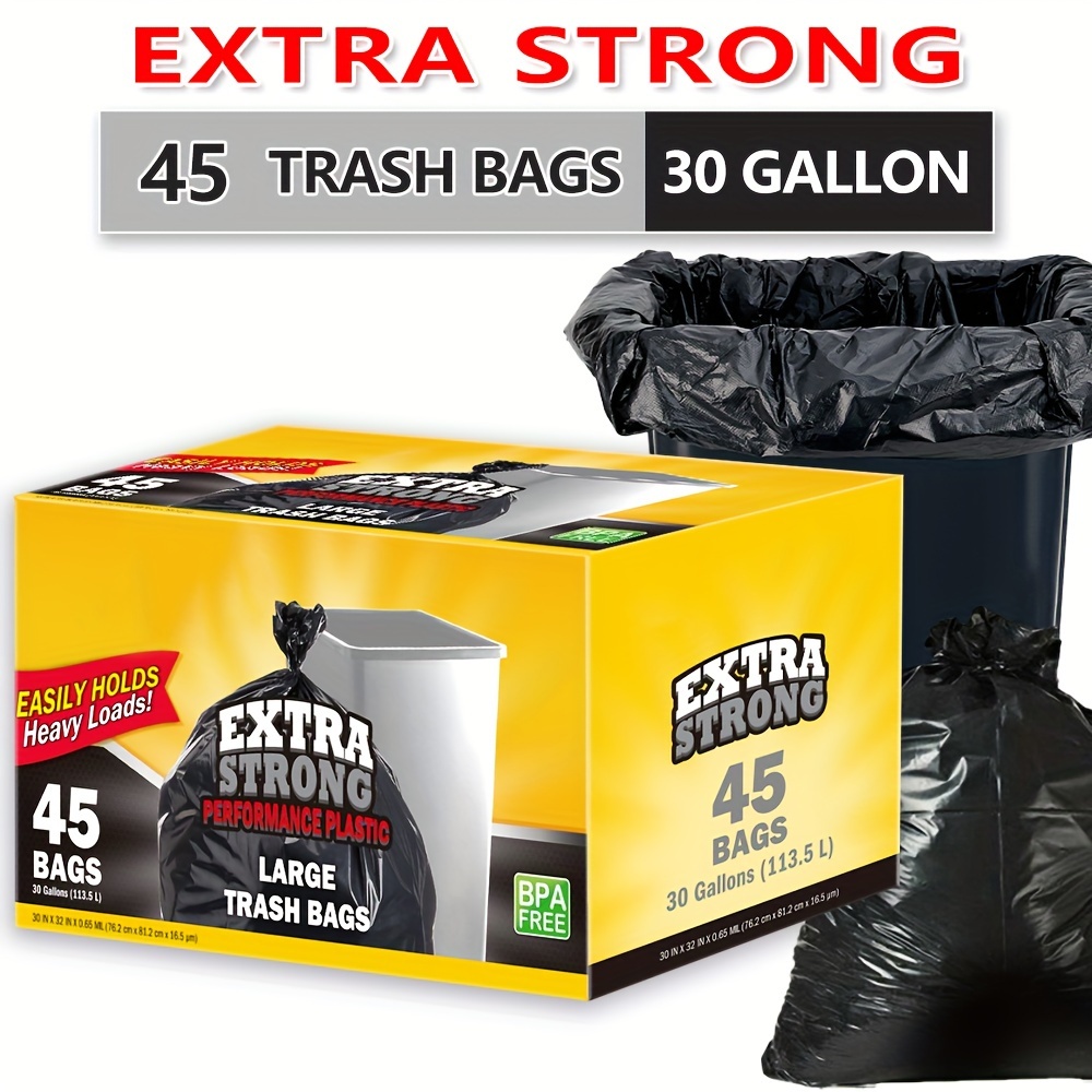 

Box Of 45 Bags 30 Gallon Black Disposable Large Trash Bags For Large Kitchen Trash Can, Hefty 45 Count 113.5l Multipurpose Cleaning Supplies For Industrial, Garden, Home, Commercial - , Leak-proof,