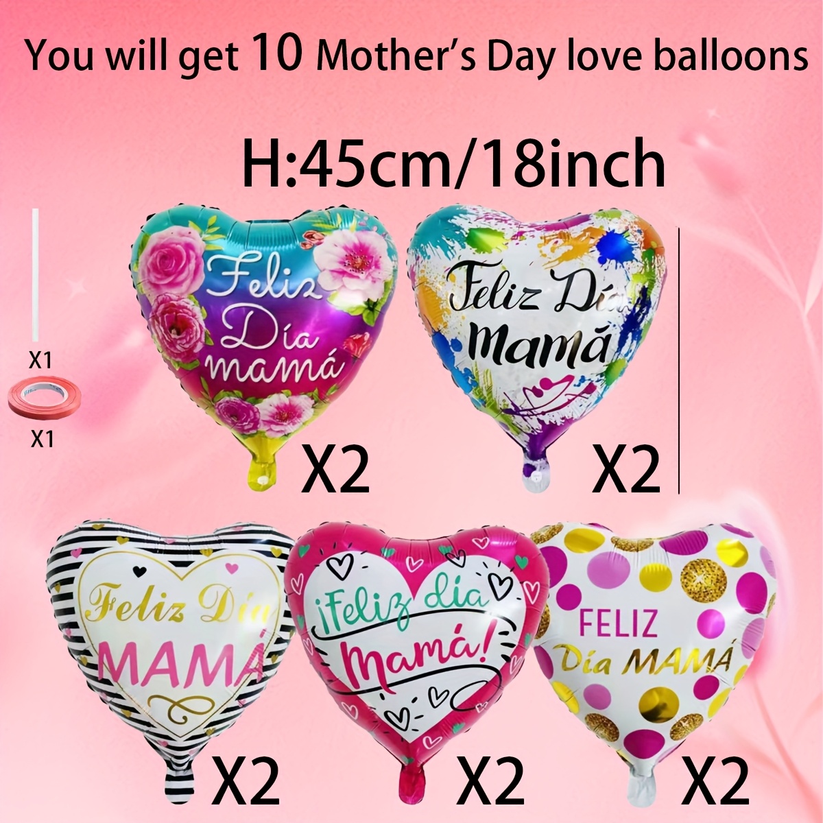 TEMU 10pcs/set Happy Spanish Love Balloon Set, 10pcs Of 18-inch Spanish Love Aluminum Balloons, Suitable For Parties, Birthdays, Gifts, Mother Plot