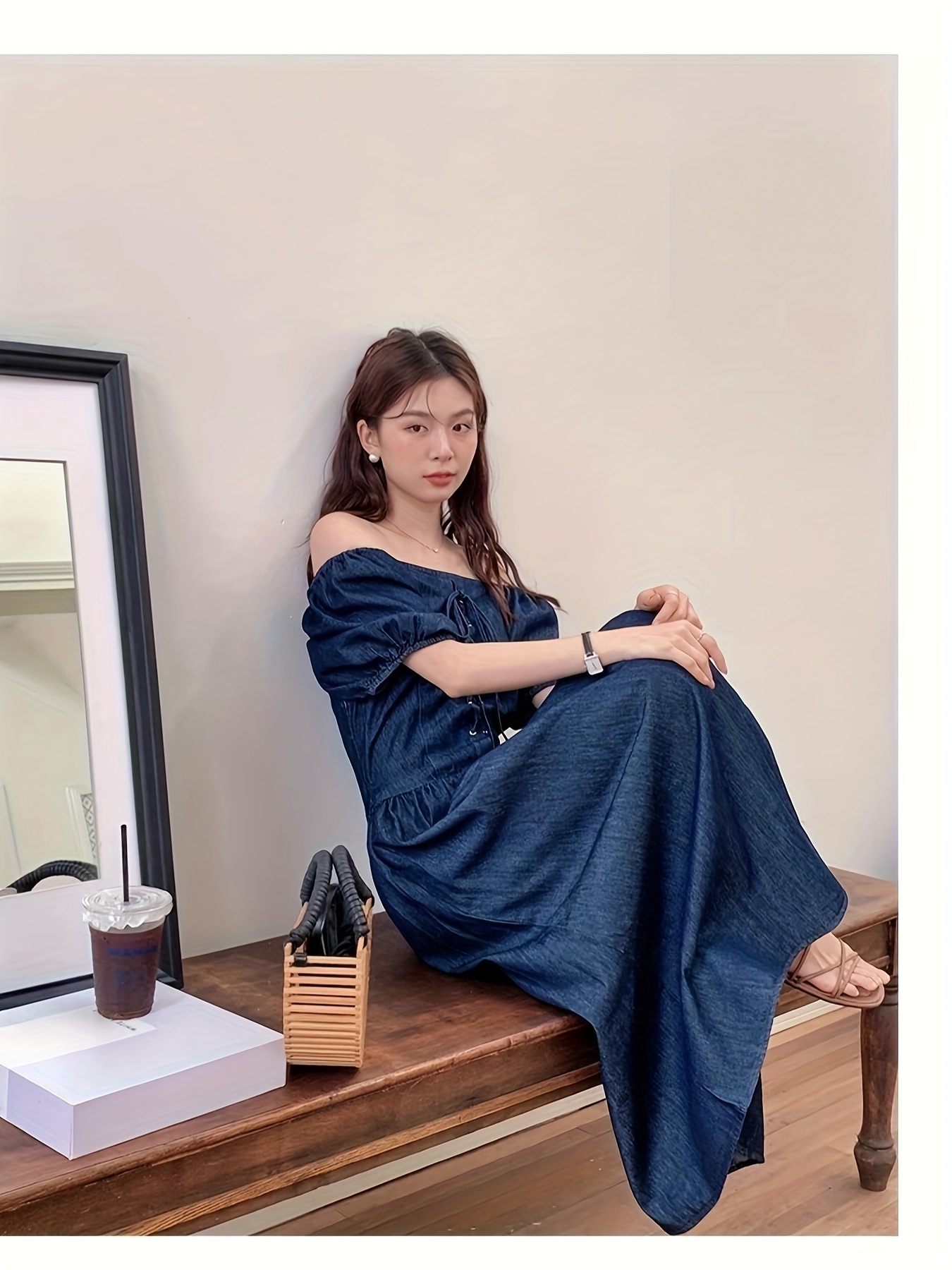 women's shoulder denim dress puff sleeves french vintage Temu Canada