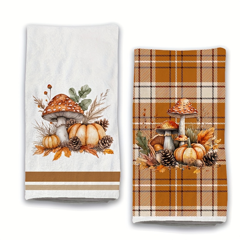 TEMU 2 stuks Herfst Pompoen Paddestoel Dennenappel Keukenhanddoek Waterverf Thanksgiving Handdoek Handdrogen Kookdoek, Herfst Seizoensgebonden Huis