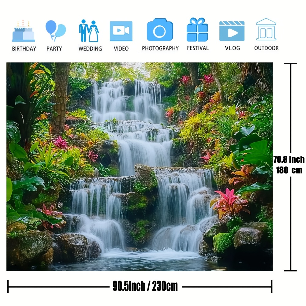 TEMU 1pc Majesty Waterfall Scene Backdrop, Polyester Fabric With Greenery And Rocks, Versatile Wall Decor For Home, Photo Booths, Studio, And Outdoor