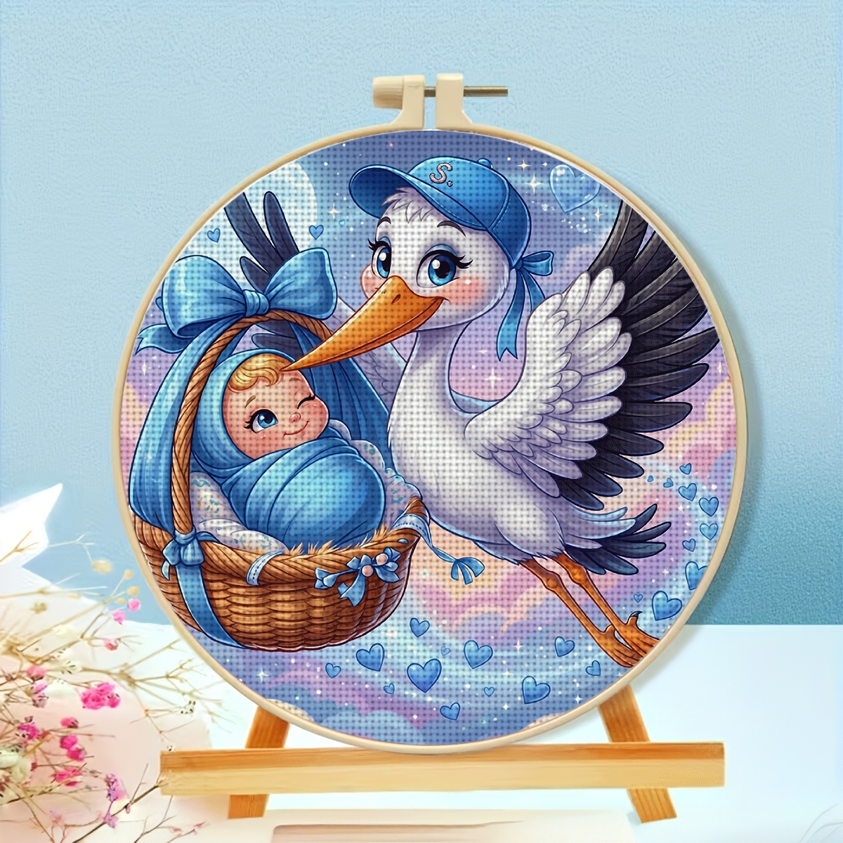 11CT Printed Fabric Cross Stitch Kit, Blue Hat Stork Design