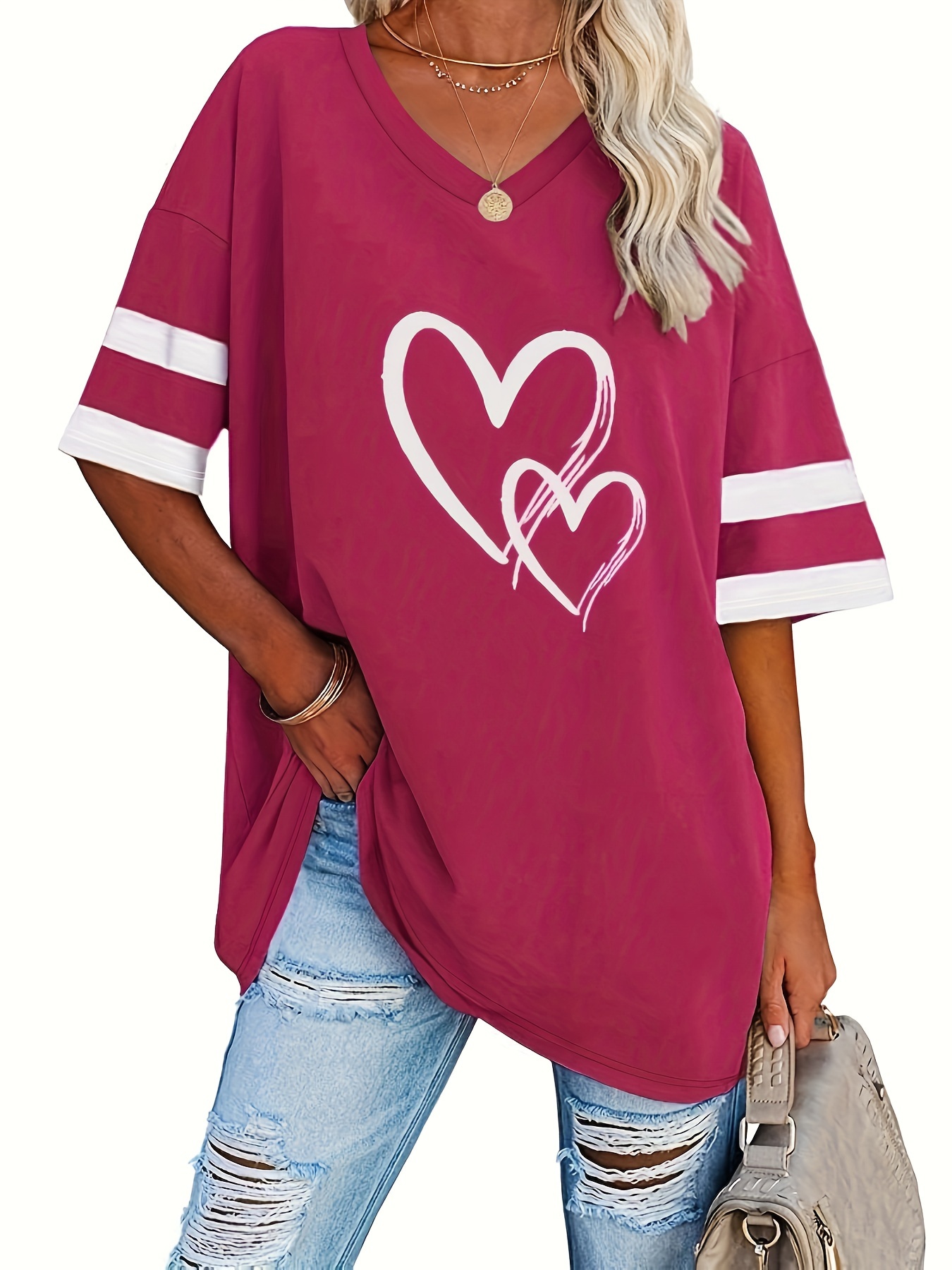 Women's Casual V-Neck Short Sleeve T-Shirt - Royal Blue with White Heart Print, Breathable Fabric, Machine Washable for Spring Summer Fall, Seasonal Fashion, Striped Detailing, Relaxed Fit Shirt