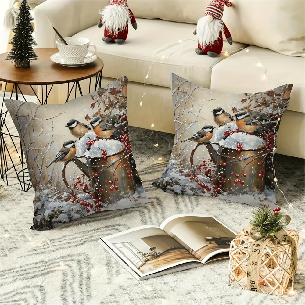 

2-pack Decorative Bird And Berry Throw Cushion Covers, Double-sided Print, Polyester, Home Decor For Adults, Seasonal Accent For Indoor/outdoor - Hidden Zipper Design (18x18 Inches) - No Insert