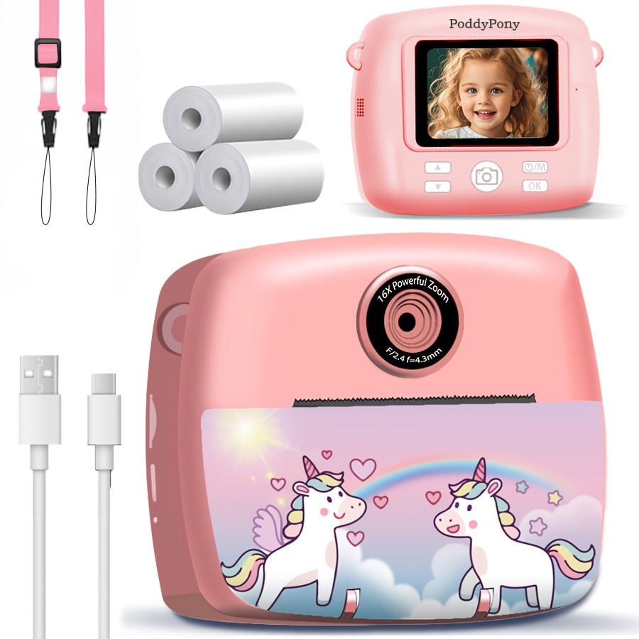 Appareil Photo Instantané Enfant – Écran 2,4", 1080p, Carte 32 Go, 3 Rouleaux Papier, Rose, 3-12 Ans