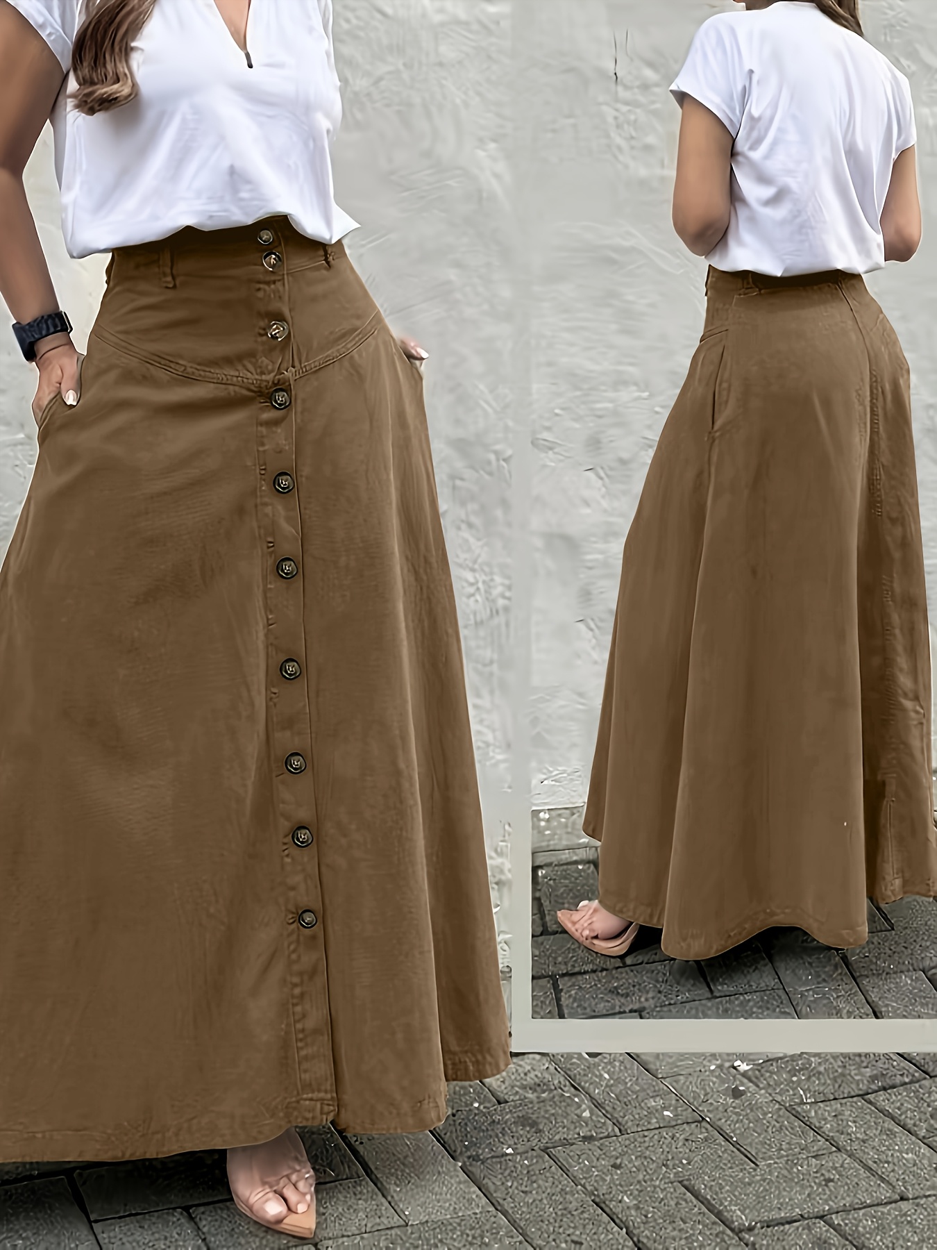 Women's Elegant Solid Color High Waist Mid-Long Skirt, Fashionable and Practical with Pockets and Button Front Slit A-line Skirt, Can be Worn in Spring, Summer, Autumn and Winter