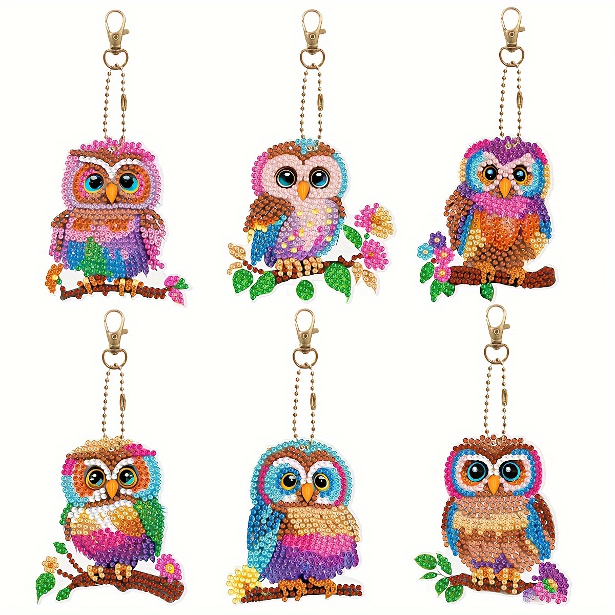 

6-Pack DIY Diamond Painting Owl Keychains, Kits de bricolage en acrylique avec diamants ronds, breloques de sac à main double face étincelantes, pendentifs hibou en mosaïque à la mode.