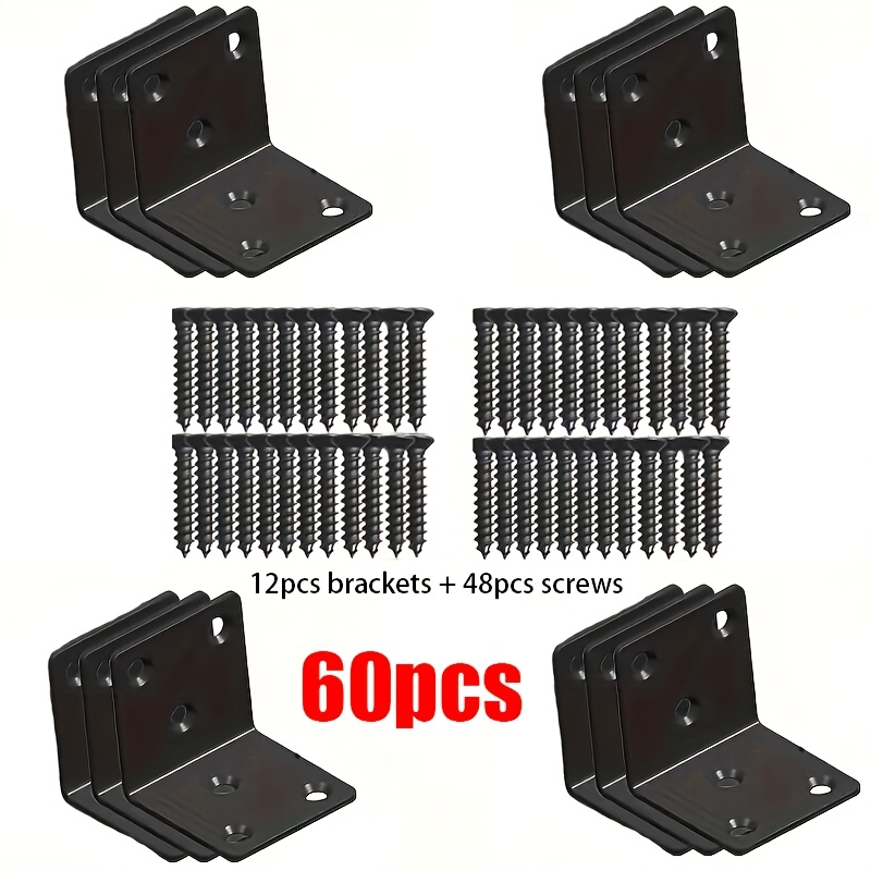 TEMU 60pcs Heavy-duty Black Metal Corner Brackets Set, 12pcs Corner Brackets And 48pcs Screws, With Pre-drilled Holes And Rounded Edges, Suitable For