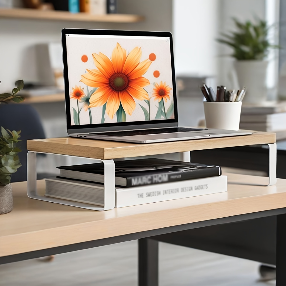 Ergonomic Laptop Stand & Desk Organizer - Dual-level Design With Floral Pattern, Multi-compartment Storage For Office Accessories, Space- Solution, Display Monitor Base, Modern Desk Accessory