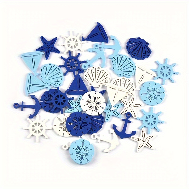 

25pcs Ocean-inspired Wooden Craft Set - Assorted Starfish, Shells & Sails Shapes For Diy Home Decor And Hanging Ornaments