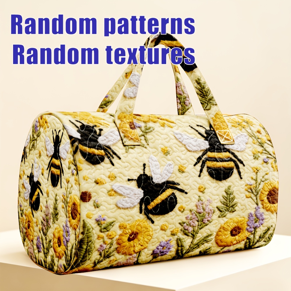 TEMU 1pc Bee Sunflower Lavender Pattern Quilted Boston Handbag, Bee Garden Pastoral Style, Suitable For Gardens And Gardens, Large Capacity Overnight