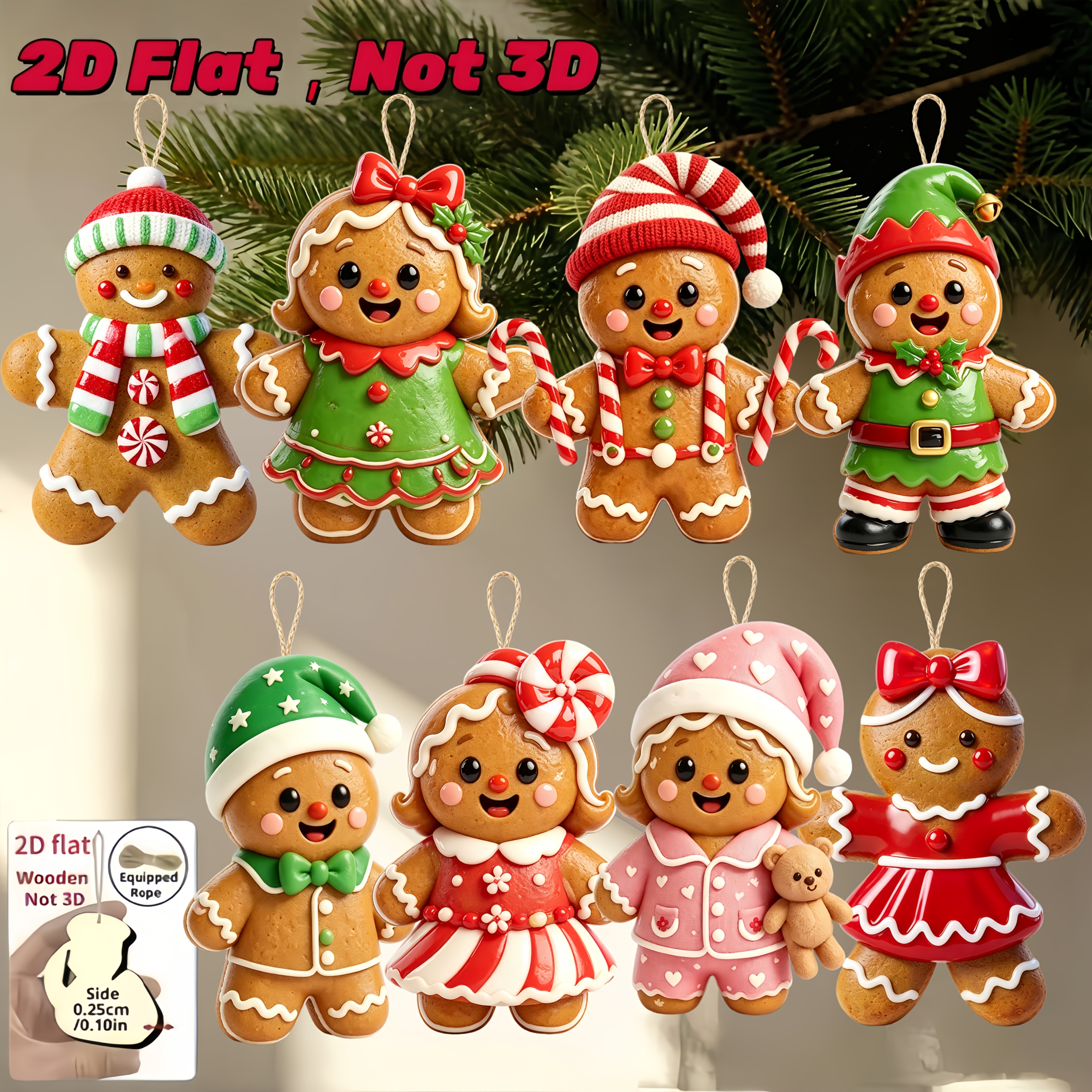 TEMU 2d Flat, 8pcs Cute Gingerbread Man Wooden Christmas Ornaments, Suitable For Scenes, Holiday Atmosphere Decor Items, Christmas Tree Ornaments,