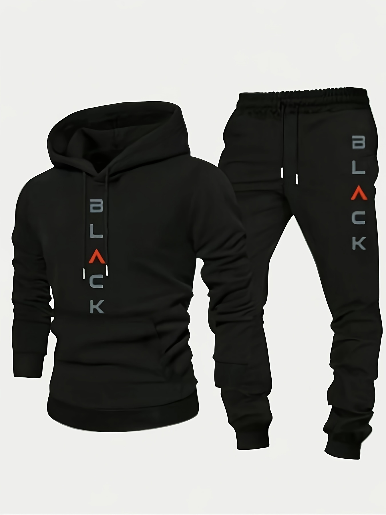 black retro letter print mens two piece set casual round neck long sleeved hooded sweatshirt and sweatpants set suitable for winter and autumn sportswear set
