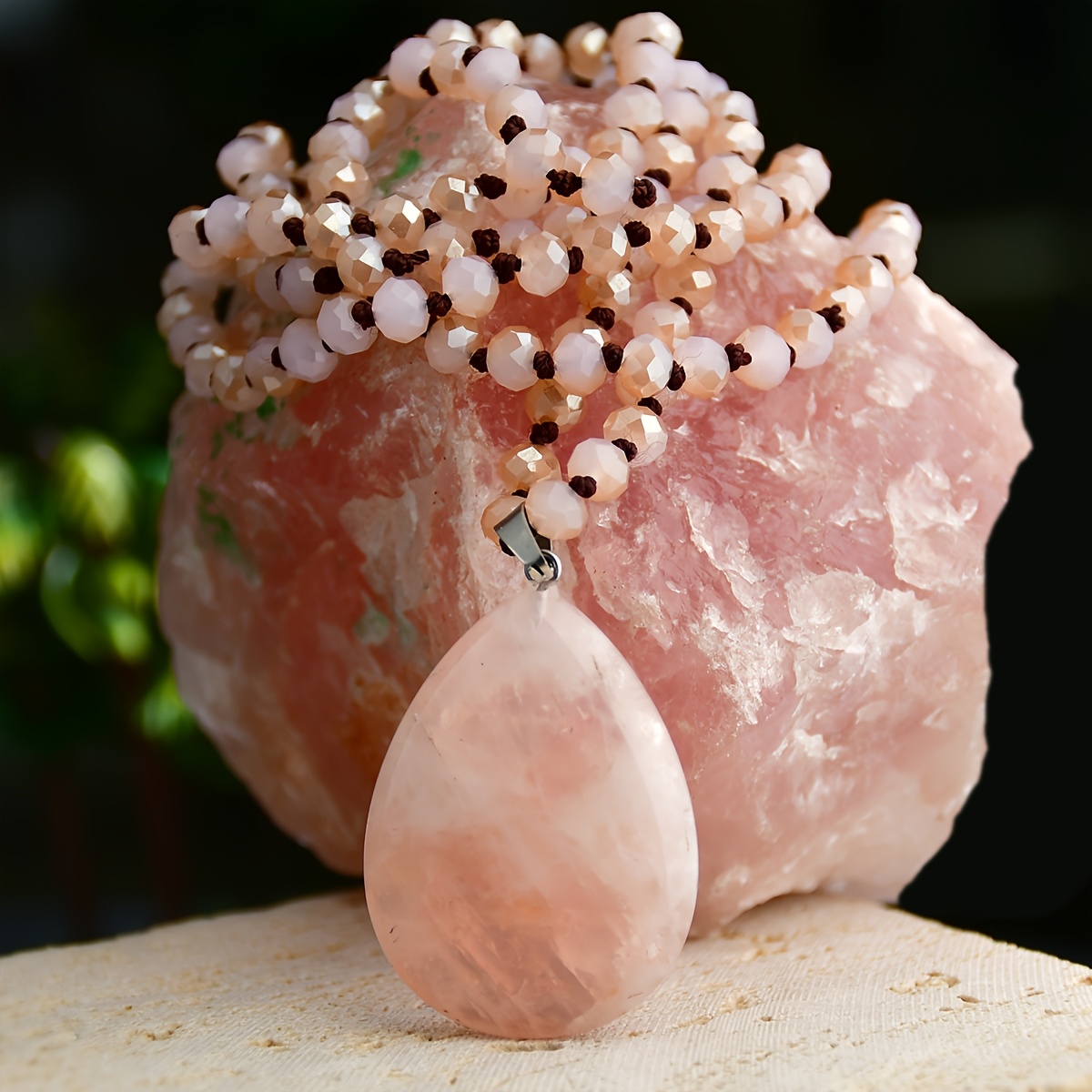 Pink Teardrop Stone Pendant Long Necklace