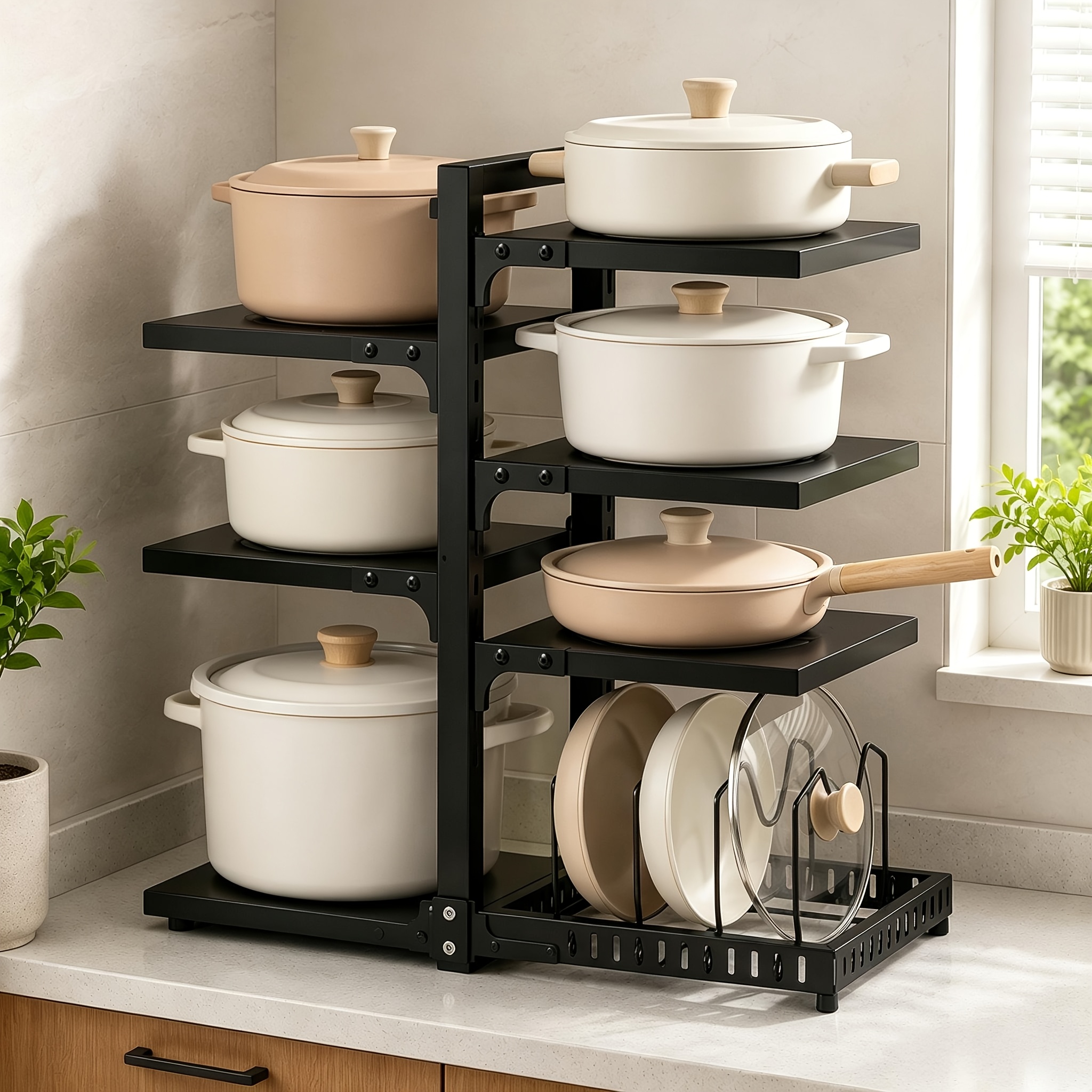 Image of 7-layer Adjustable Pot And Pan Organizer Rack, Double-sided Kitchen Cabinet Organizer, Suitable For Countertops And Pantries